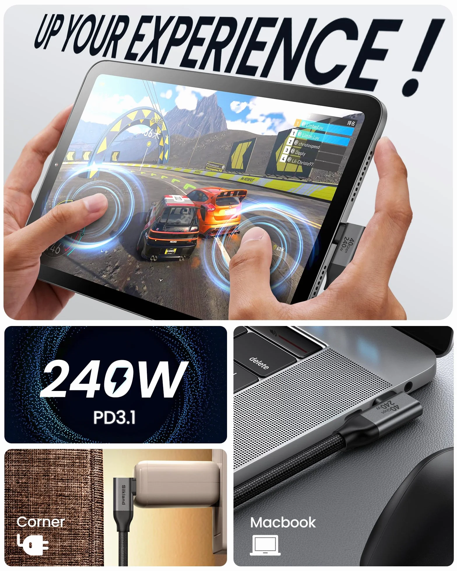 Silkland USB4 Thunderbolt 4 1M Kątowy Kabel 40Gbps 240W 90 Stopni 8K@60Hz USB C do USB C do iPhone 16/15 Pro Max MacBook Pro iPad Pro
