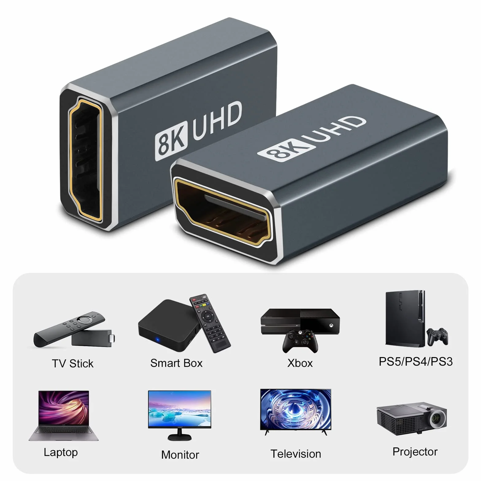 Twozoh Złącze HDMI 8K 2-pak, HDMI 2.1 adapter żeński do żeńskiego 48 Gb/s, obsługuje 8K@60 Hz 4K@144 Hz