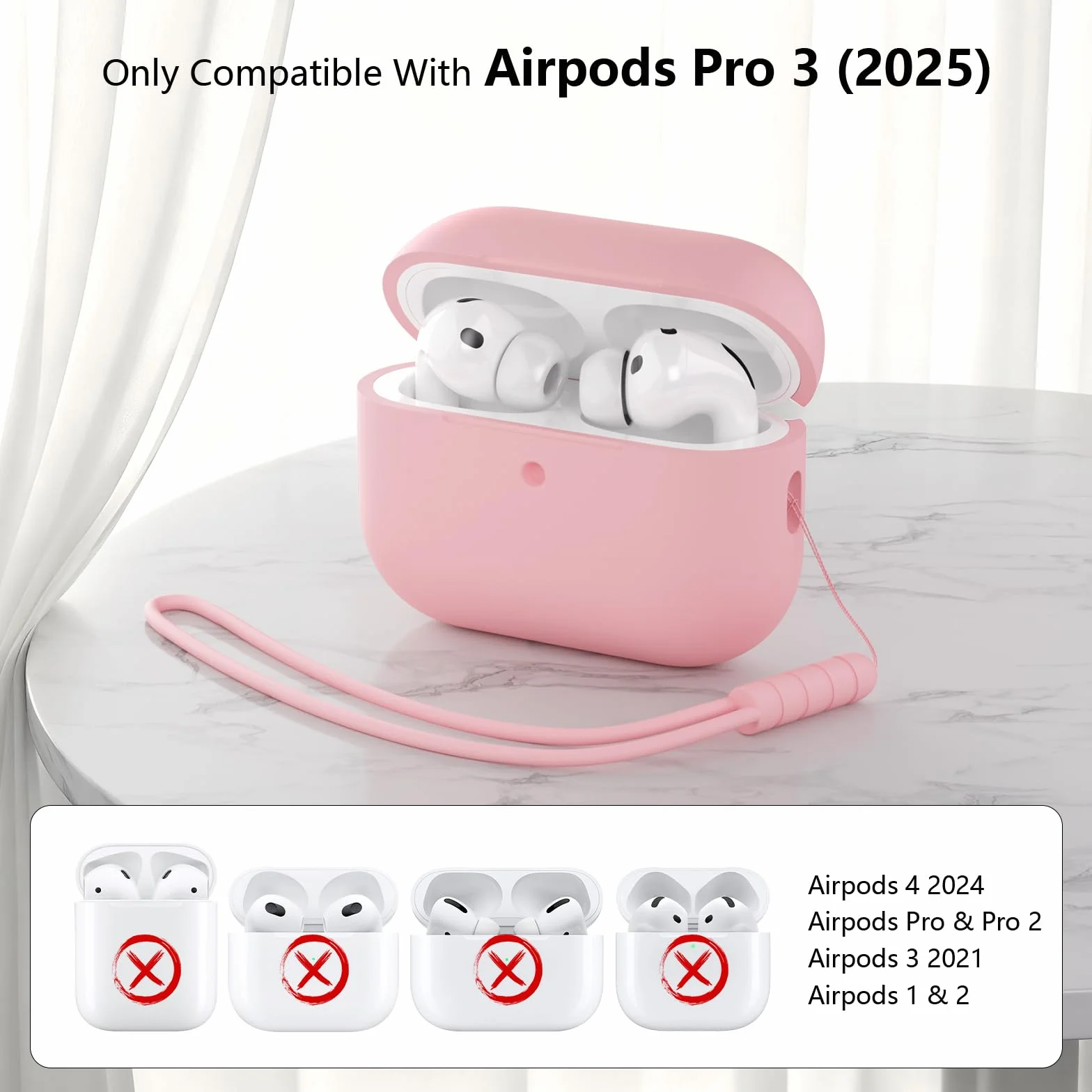 Etui ochronne do AirPods Pro 3 generacji, silikonowe z paskiem, różowe