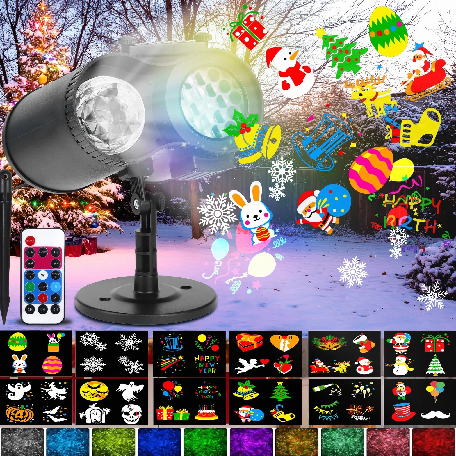 Zewnętrzny projektor bożonarodzeniowy, podwójny dynamiczny projektor na Halloween, świąteczne lampki z 12 arkuszami, 10 efektów fal oceanicznych, LED świąteczne lampki do dekoracji domu i
