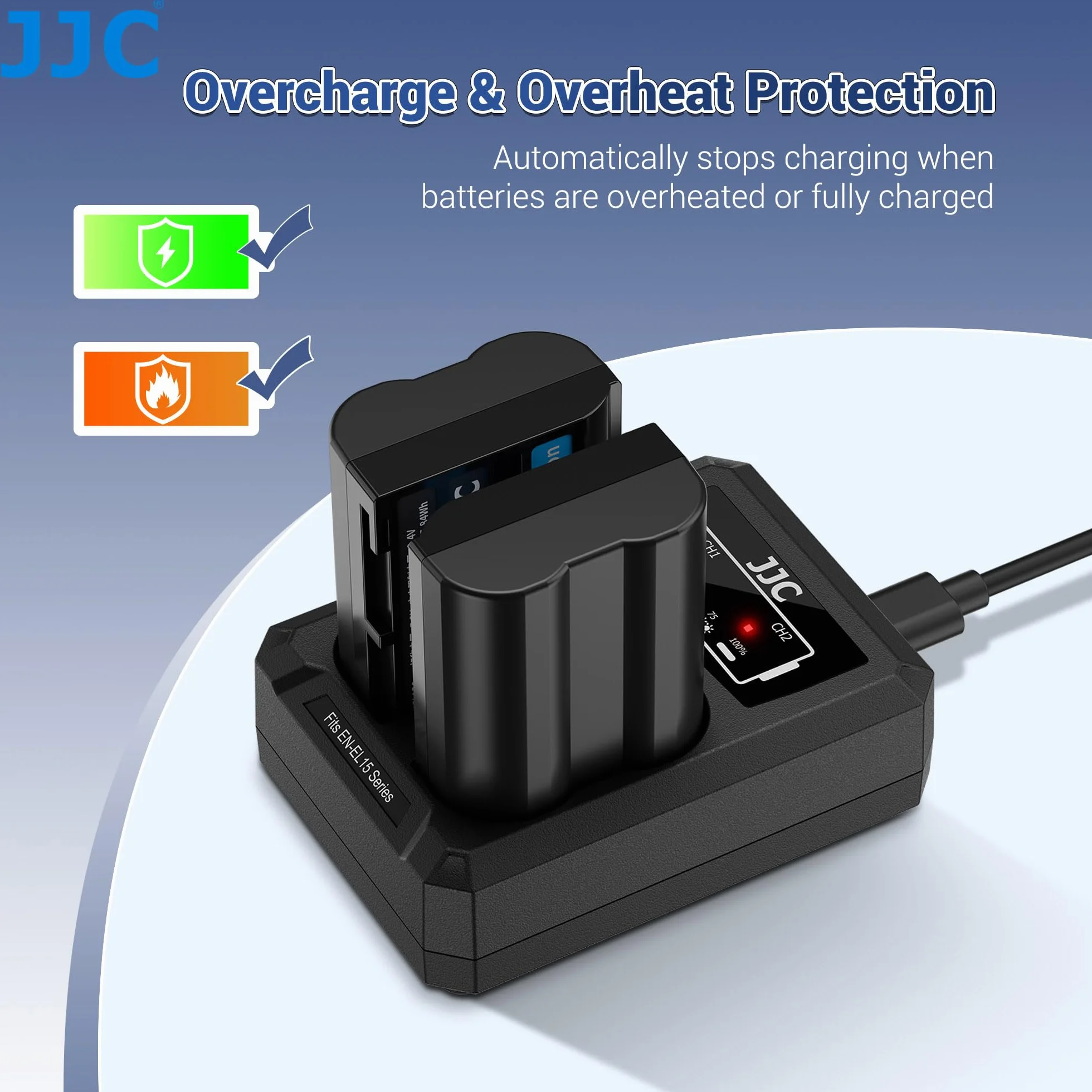 JJC Ładowarka podwójna baterii USB-C z kablem ładującym, kompatybilna z aparatami Fujifilm X-E5 X-E4 X-E3 X-E2 X100VI X100V X-Half X-PRO3 X-PRO2 X-T50 X-T30II X-T30 zamiennik Fuji NP-W126/NP-W126s