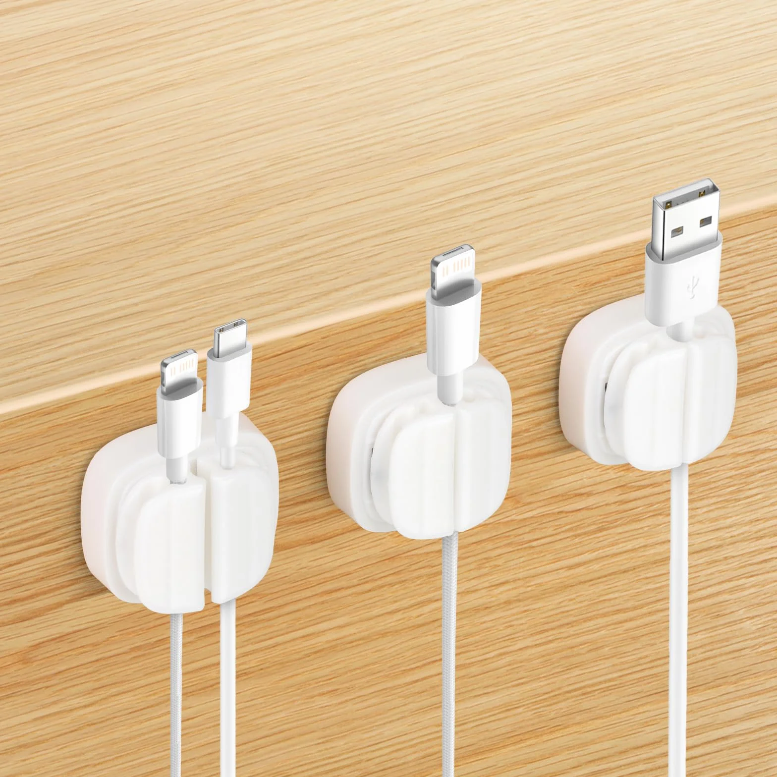 3szt Organizer na Przewody, 3 w 1 Uchwyt na Zaciski do Kabli Samoprzylepne Klipsy do Zarzadzania Kablami Regulowana Sprezyna do Biurko Samochodowe do Domowego Biura z Przewodem USB (Bialy)