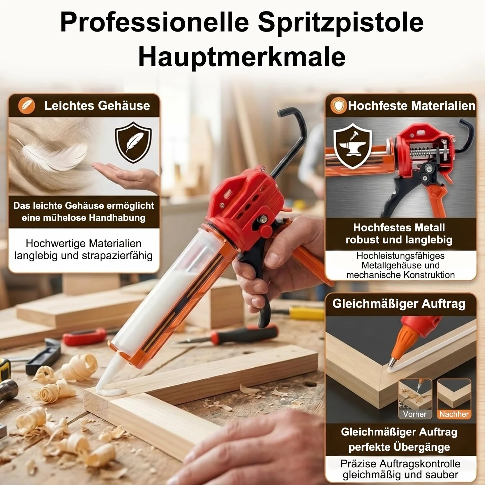 Profesjonalny Pistolet do Silikonu 300ml, 9 Łożysk Kulkowych | Wyciskacz do Kartuszy z Aluminiową Ramą, Przełożenie 15:1, Obrotowy 360°, do Silikonu, Akrylu i Klejów