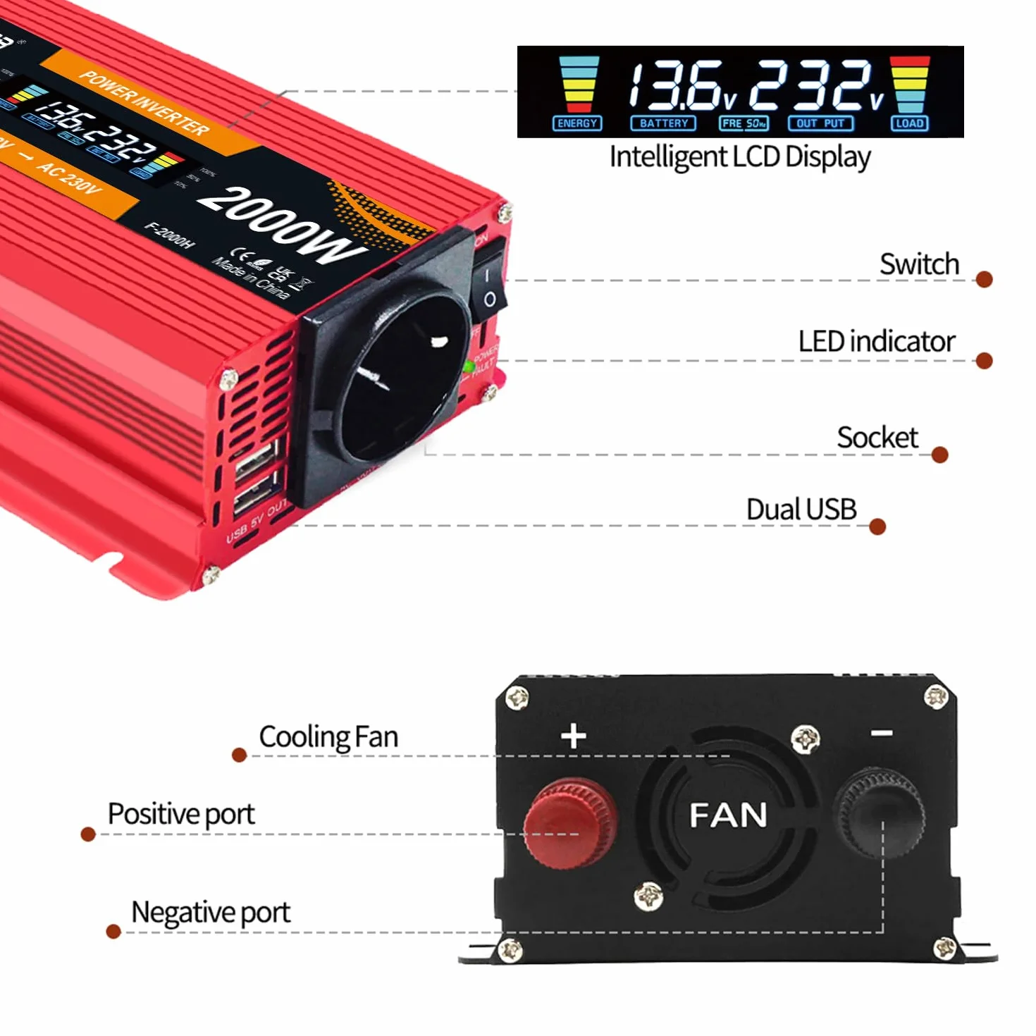 Przetwornica napięcia Power Inverter 12V 220V 850W 2000W z wyświetlaczem LCD 2 USB