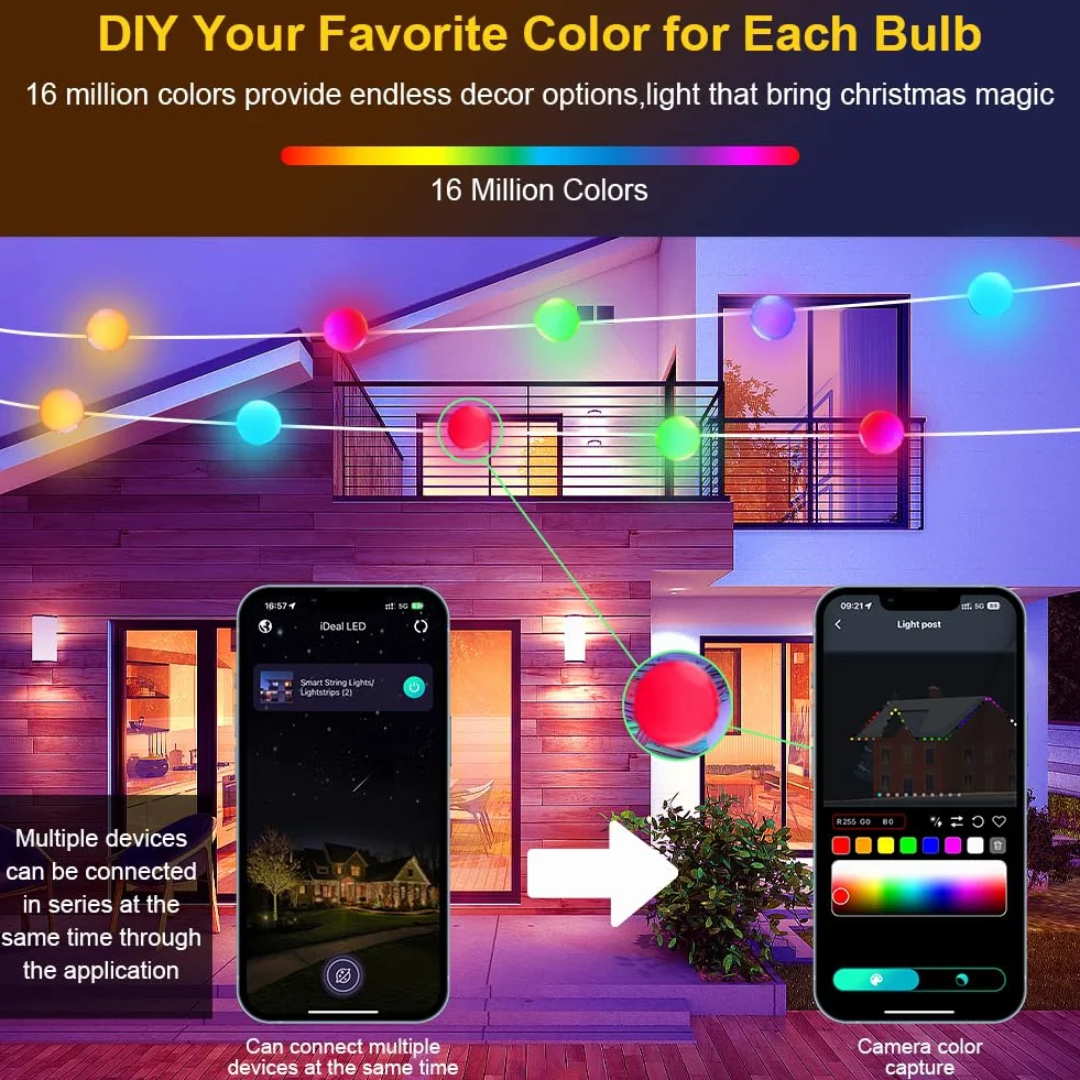 AUAUY Smart Globe String Lights, 10M 66 LED Outdoor/Indoor String Lights, Zmiana koloru, Zasilane przez USB, z aplikacją, Dekoracja na imprezę Halloween, Boże Narodzenie