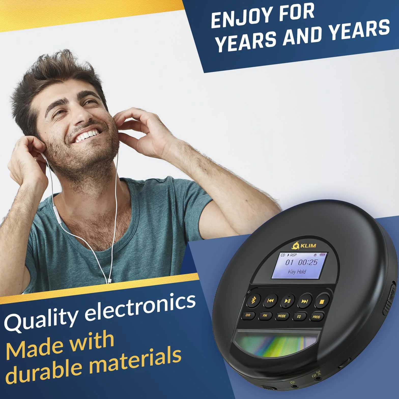 KLIM Nomad Przenośny odtwarzacz CD z Bluetooth, radio FM, MP3, słuchawki, złoty