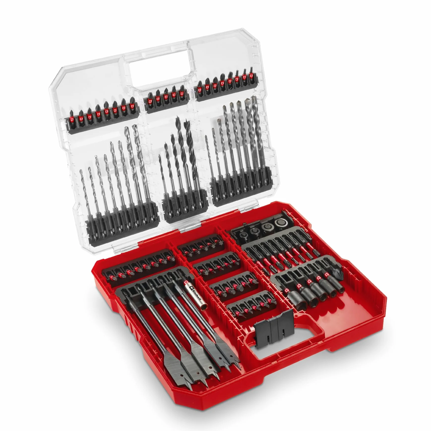 Oryginalny Einhell XL-CASE 95-częściowy zestaw bitów i wierteł odpornych na uderzenia (bity, różne wiertła, uchwyt do bitów, klucz nasadowy, pogłębiacz, ogranicznik wiertła, klucz pinowy wraz z