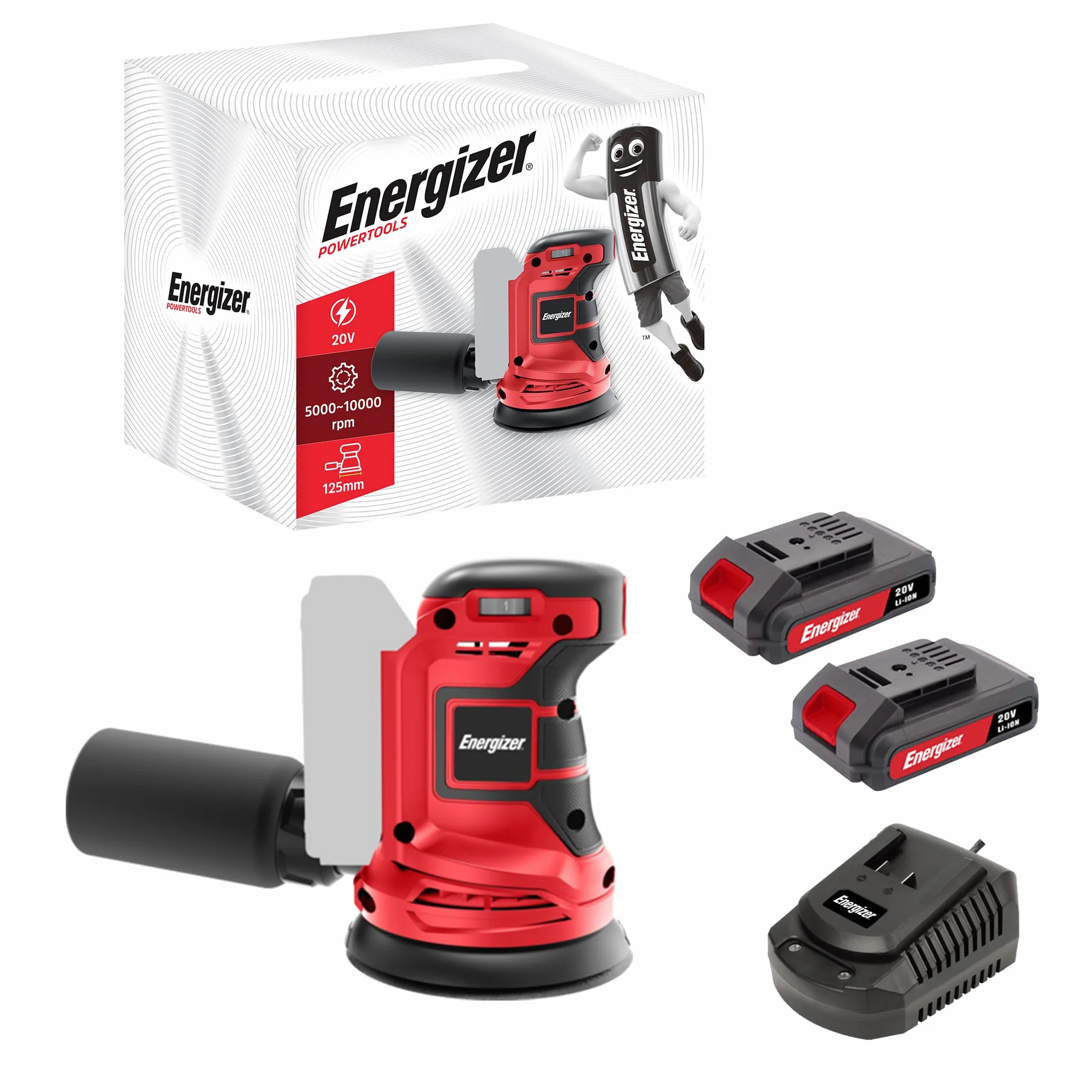 Energizer Bezprzewodowa szlifierka tarczowa 20 V, 10000 obr./min, 6 regulowanych prędkości - samozaciskowa taca 125 mm, torba kolekcjonerska, 10 dysków w zestawie - w zestawie 2 baterie 20 V 2 AH +