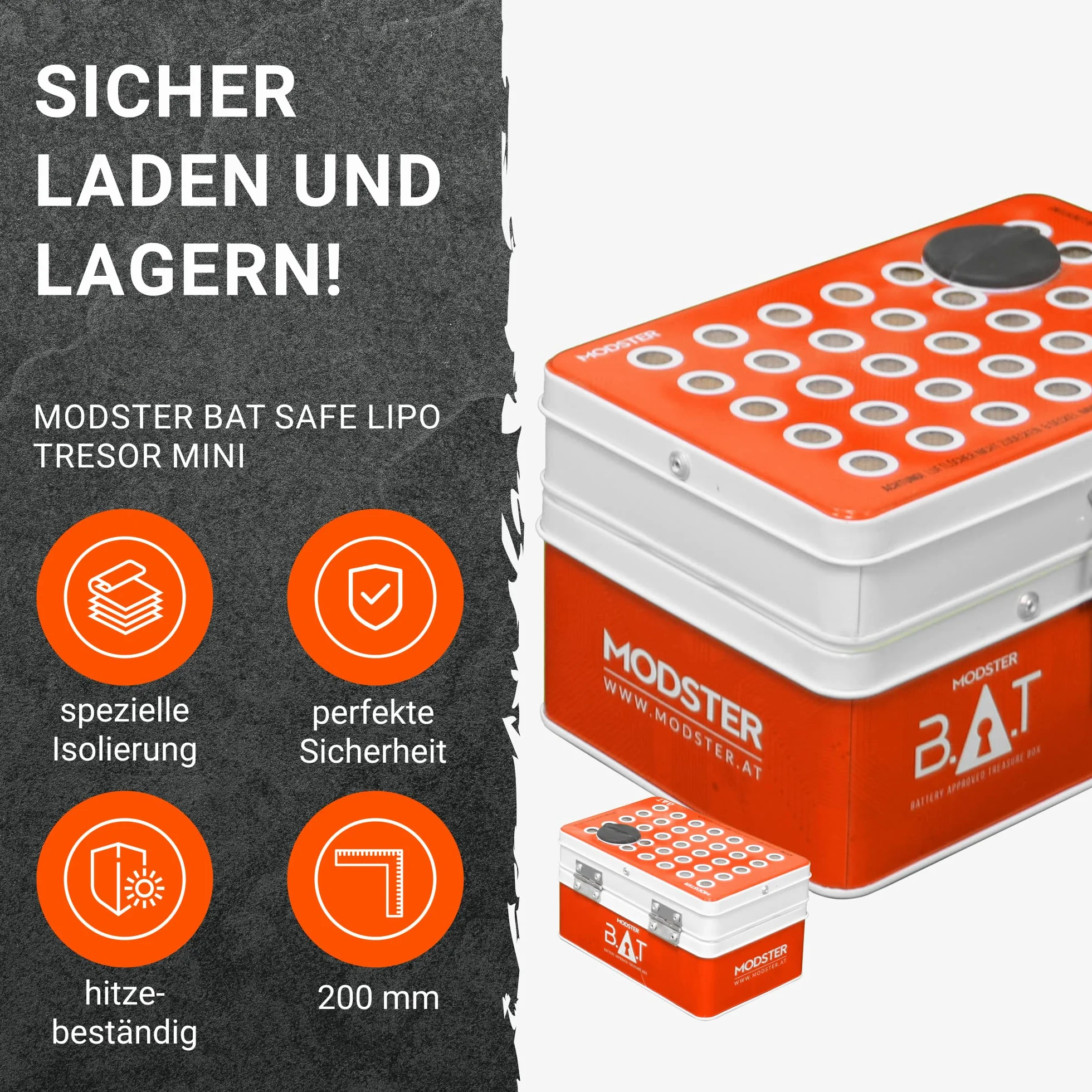 MODSTER BAT Safe Lipo Tresor Mini zabezpieczenie do ładowania, białe, pomarańczowe, MD11130