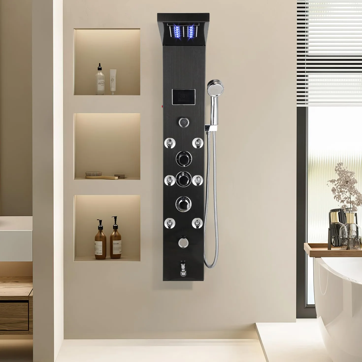 Panel prysznicowy z wyświetlaczem temperatury LCD, 6 funkcji wody, 304 czarno-tytanowa stal szlachetna system prysznicowy wodospad, deszczownica, prysznic z masażem, słuchawka prysznicowa