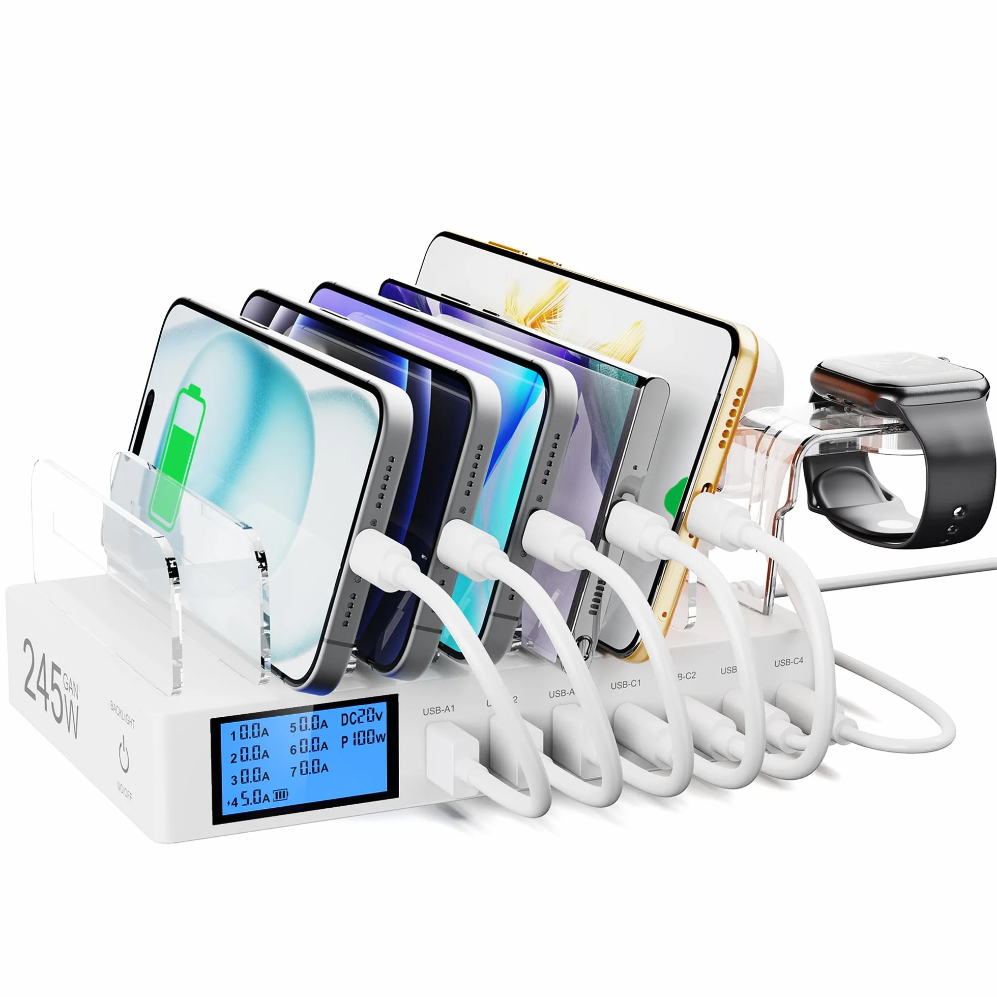 Stacja ładująca USB 245W 7 portów z ekranem LCD 2 w 1 kompatybilna z iPhone 16/15/Pro/Max Samsung