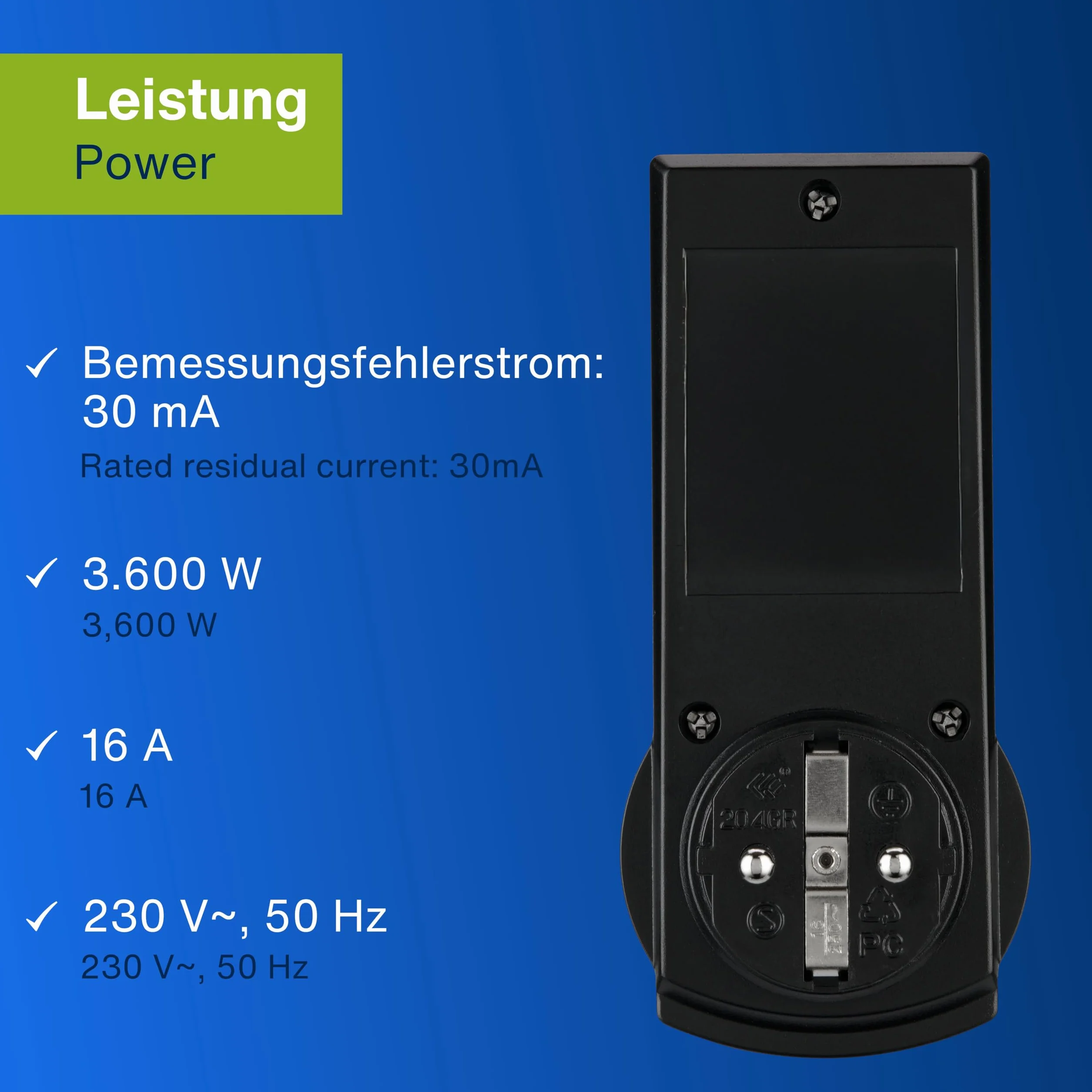 REV Gniazdo DI, wyłącznik automatyczny, adapter gniazdka, IP44, czas wyzwalania 30 ms, 3600 W, czarny