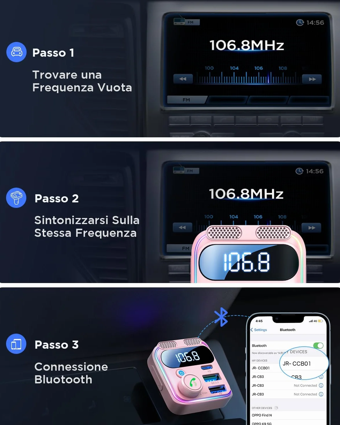 JOYROOM 81W Adapter Bluetooth do samochodu FM Transmiter Bluetooth 5.4 45W PD 36W QC3.0 Podwójny mikrofon Światło LED Zestaw głośnomówiący