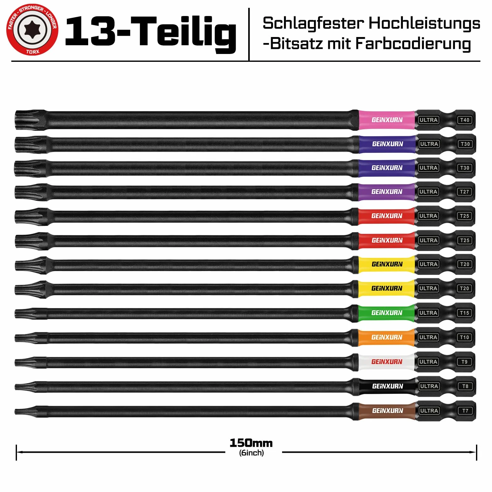 GEINXURN 13-częściowy zestaw bitów udarowych Torx T7-T40 150 mm długości, 1/4 cala trzpień sześciokątny S2 stal stopowa magnetyczne bity napędowe, ultra kod koloru