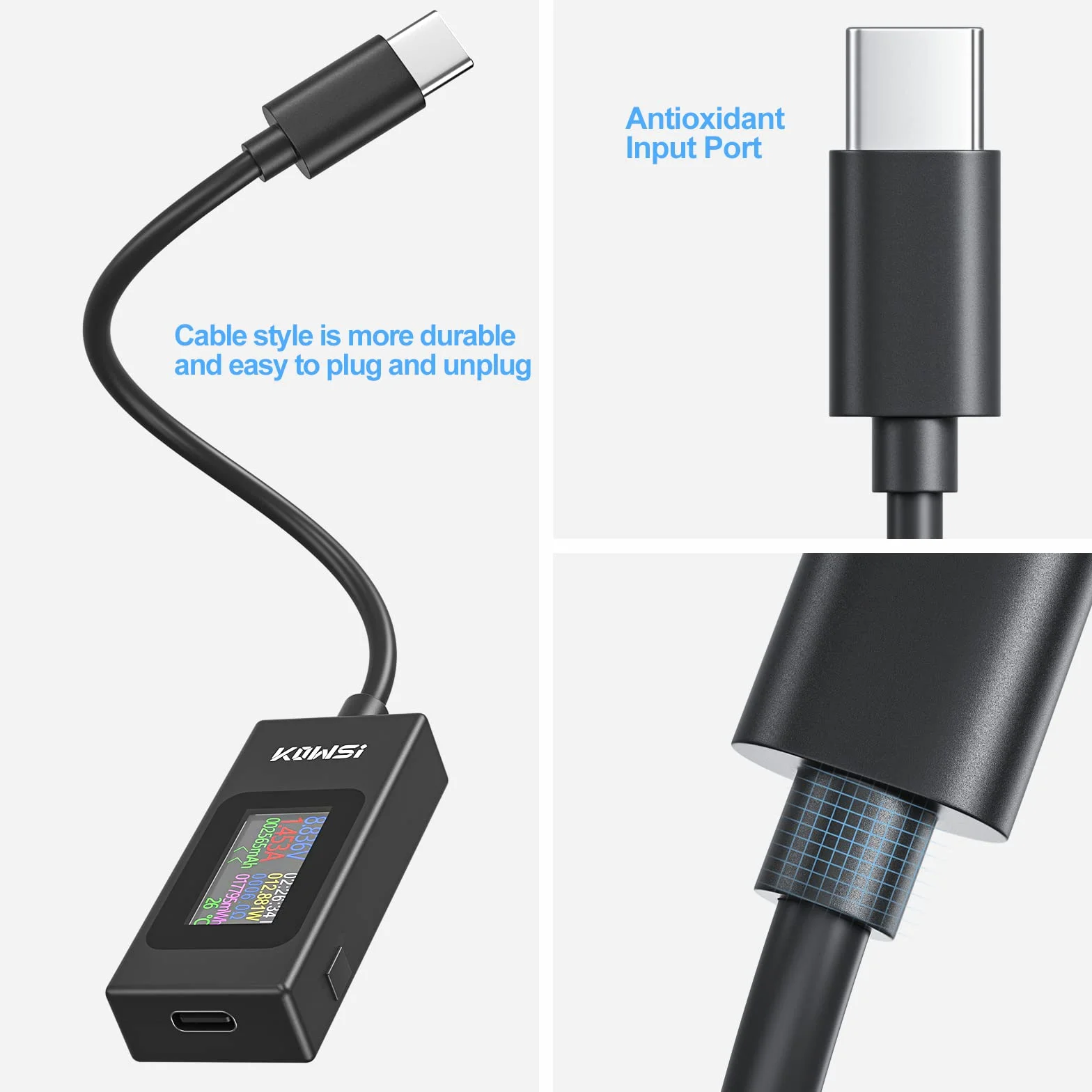 YOJOCK USB C Tester Miernik Mocy 4-30V 0-6.5A Miernik Napięcia i Prądu Multimetr, Pojemność USB, Temperatura, Czas Pracy Amperomierz Woltomierz Detektor ładowarki Banku Mocy