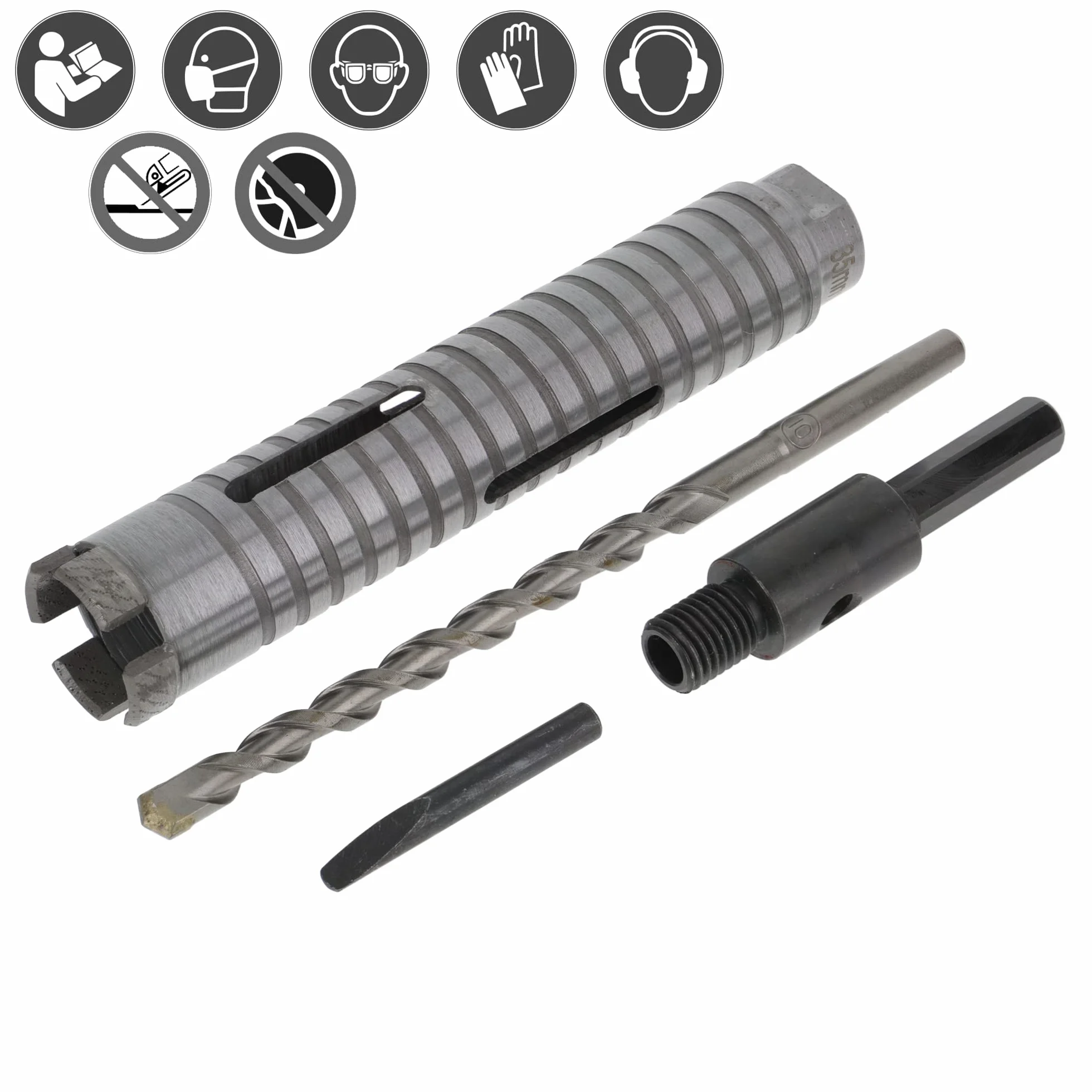 PRODIAMANT Diamentowa wiertnica rdzeniowa ø 35 mm długość efektywna 150 mm z adapterem sześciokątnym do wiertarek, segmenty spawane laserowo do wiercenia na sucho