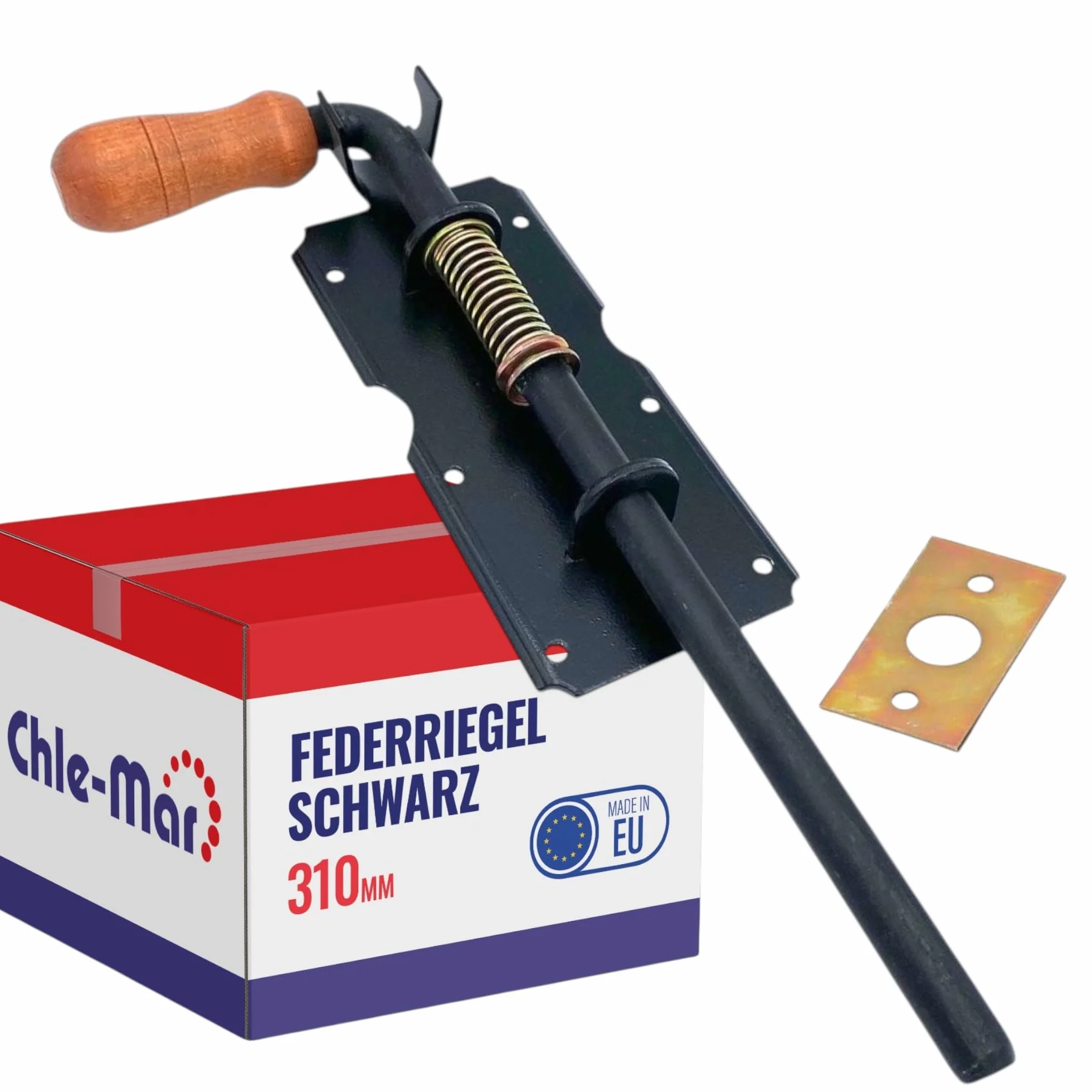 Chle-Mar – Rygiel sprężynowy 310 mm | Czarny | Do bram, drzwi, furtek i boksów | Ryglowanie z mechanizmem sprężynowym | Uchwyt drewniany lub plastikowy | Solidna stal malowana proszkowo