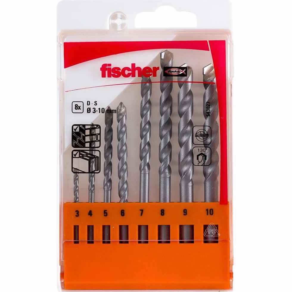 fischer Zestaw wierteł do muru , średnica 3 - 10 mm, osprzęt do wiertarek, zestaw wierteł o różnych rozmiarach, narzędzie do wiercenia w murze i kamieniu naturalnym, opakowanie 8 szt.