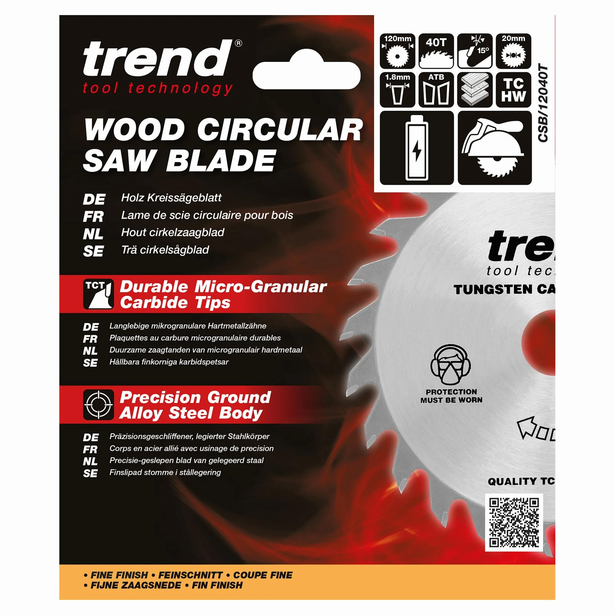 Trend tarcza do pilarki tarczowej bezprzewodowej do drewna, średnica 120 mm, otwór 20 mm, 40 zębów, szerokość rzazu 1,8 mm, kąt natarcia +15°, węglik spiekany (TCT), wykończenie precyzyjne, CSB/12040T