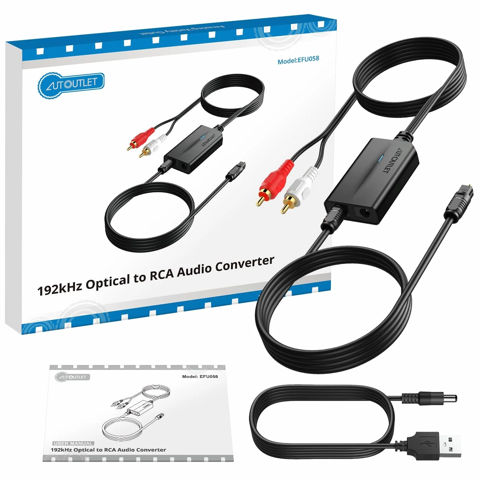 AUTOUTLET Przetwornik DAC 192 kHz konwerter audio SPDIF Toslink do RCA z kablem optycznym 1 m