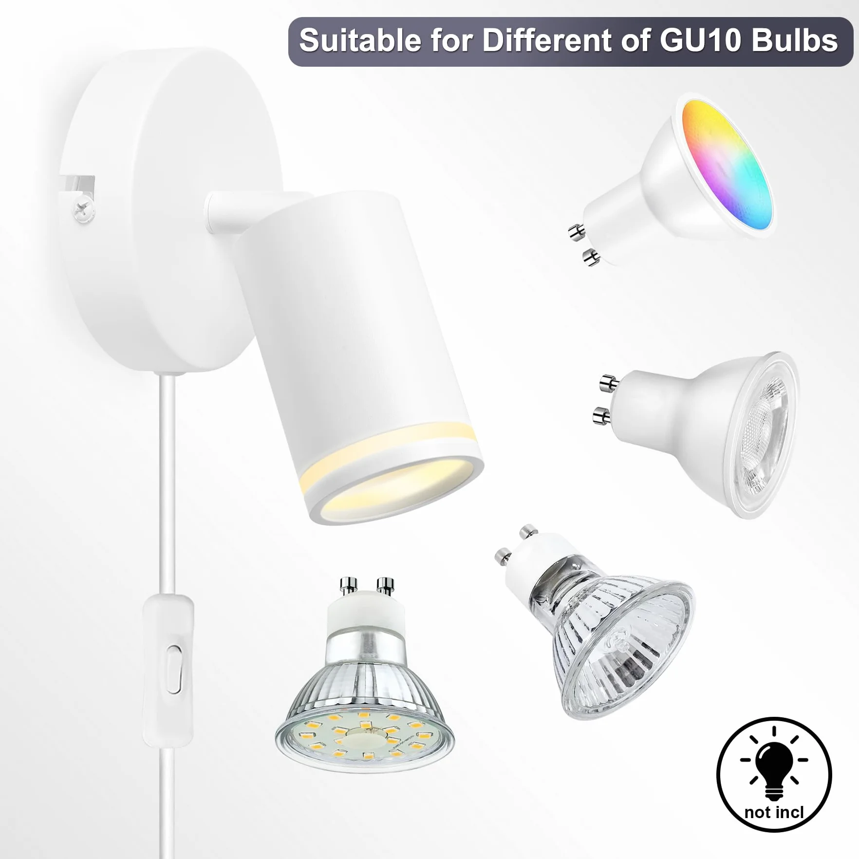 Lampa ścienna z przełącznikiem i wtyczką biała GU10 – lampa ścienna wewnętrzna z przełącznikiem, obracana o 350°, lampa ścienna do sypialni, salonu, korytarza, bez źródła światła