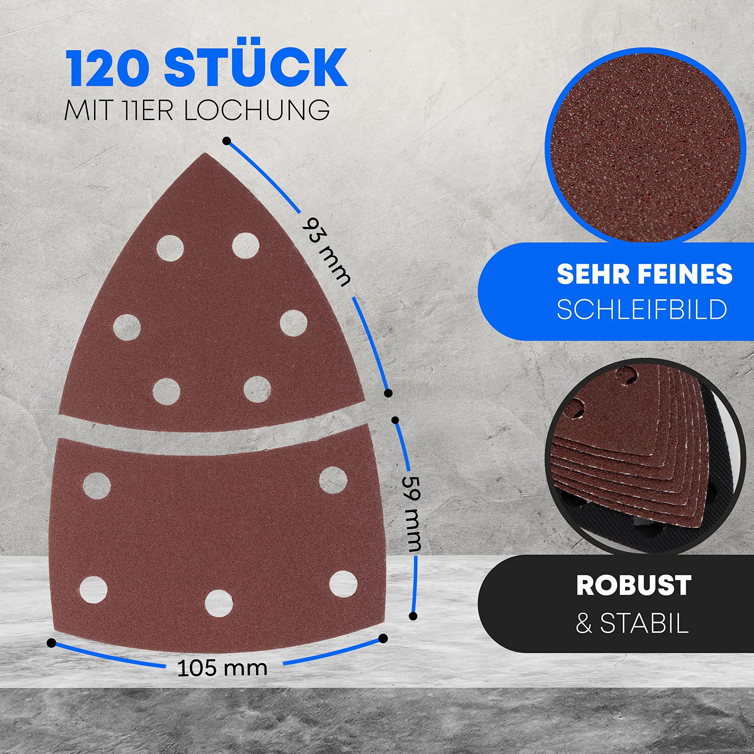 120 szt. Prio trójkąty szlifierskie, 11 otworów, 105 x 152 mm/20 x ziarnistość 40-60-80-80-120-180-240/do szlifierki uniwersalnej, arkuszy ściernych, podkładek szlifierskich, trójkątnych