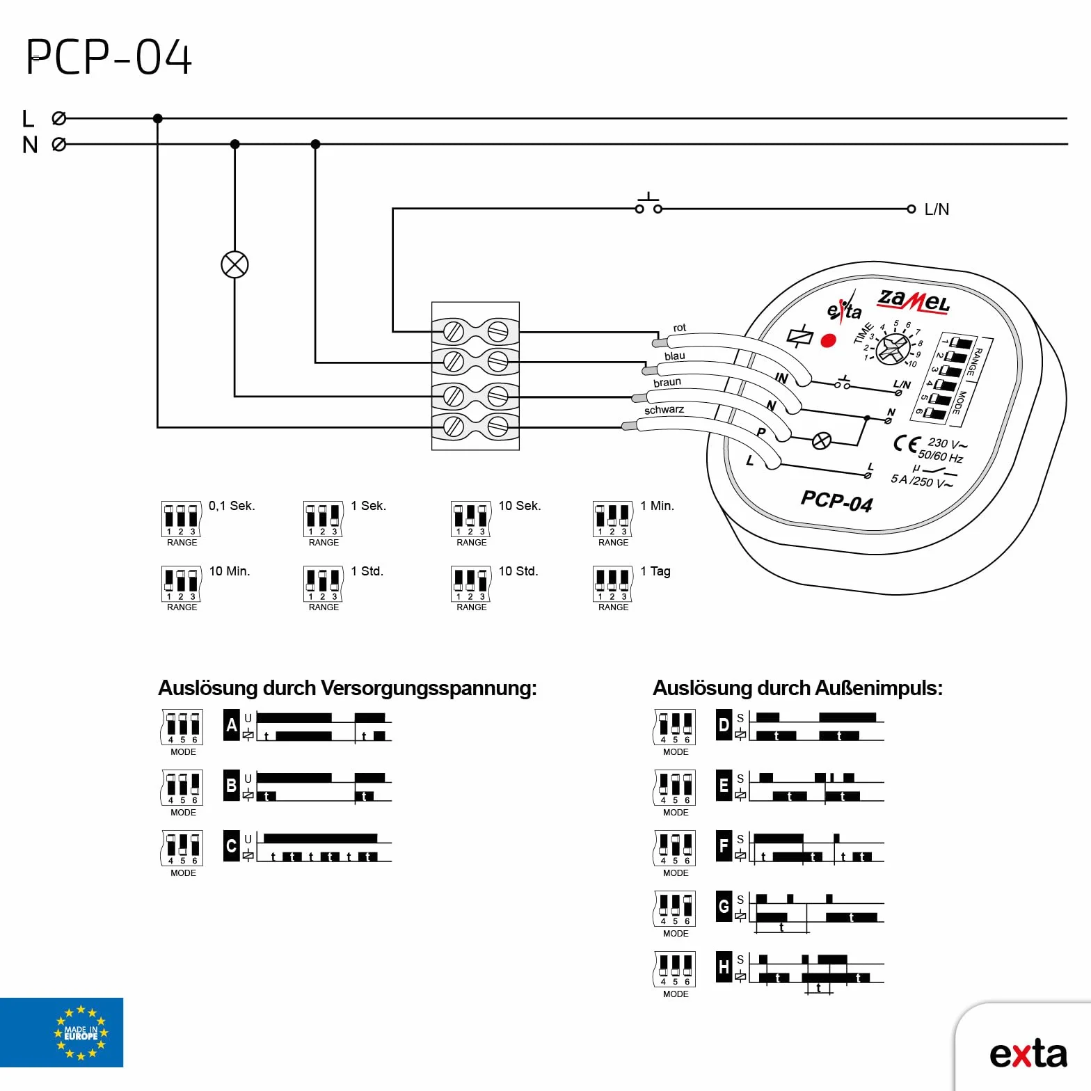 Zamel PCP-04 Wielofunkcyjny Przekaźnik Czasowy Do Puszek - 8 Różnych Funkcji, Sterowanie Czasem, Przełączanie Czasowe, Przekaźnik Impulsowy