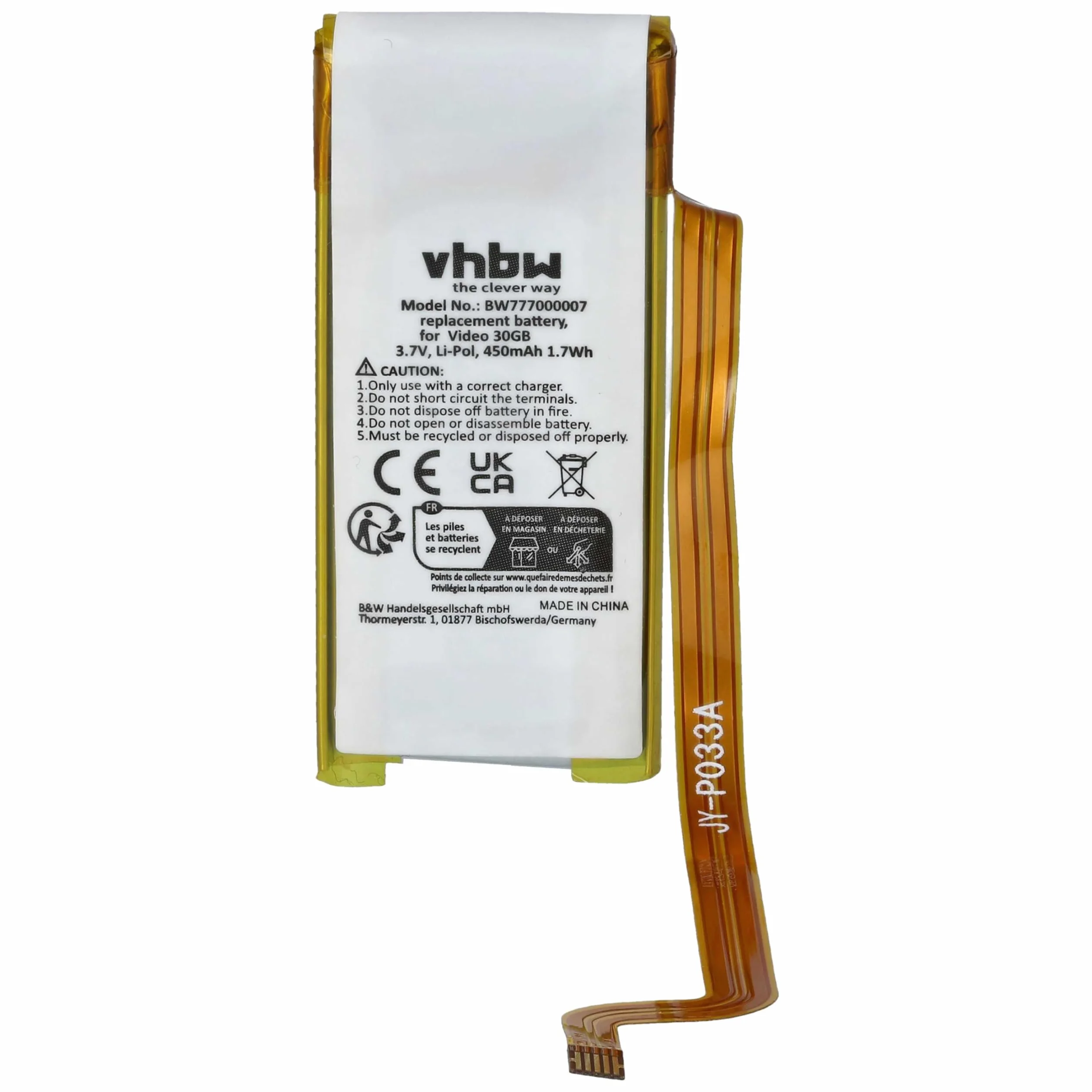 vhbw Bateria kompatybilna z Apple iPod MA002X/A, A1036, G5 30 GB, MA002CH/A odtwarzacz MP3 (450 mAh, 3,7 V, litowo-polimerowy)