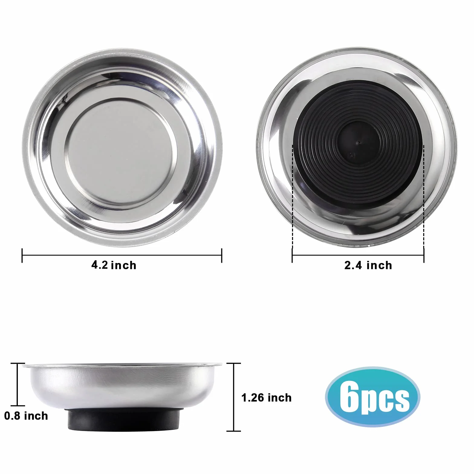 6 okrągłych magnetycznych tacek na miski 10 cm, ze stali nierdzewnej, uchwyt na części, do śrub, gniazd, śrub, pinów, mechaników i motoryzacji, 6 szt