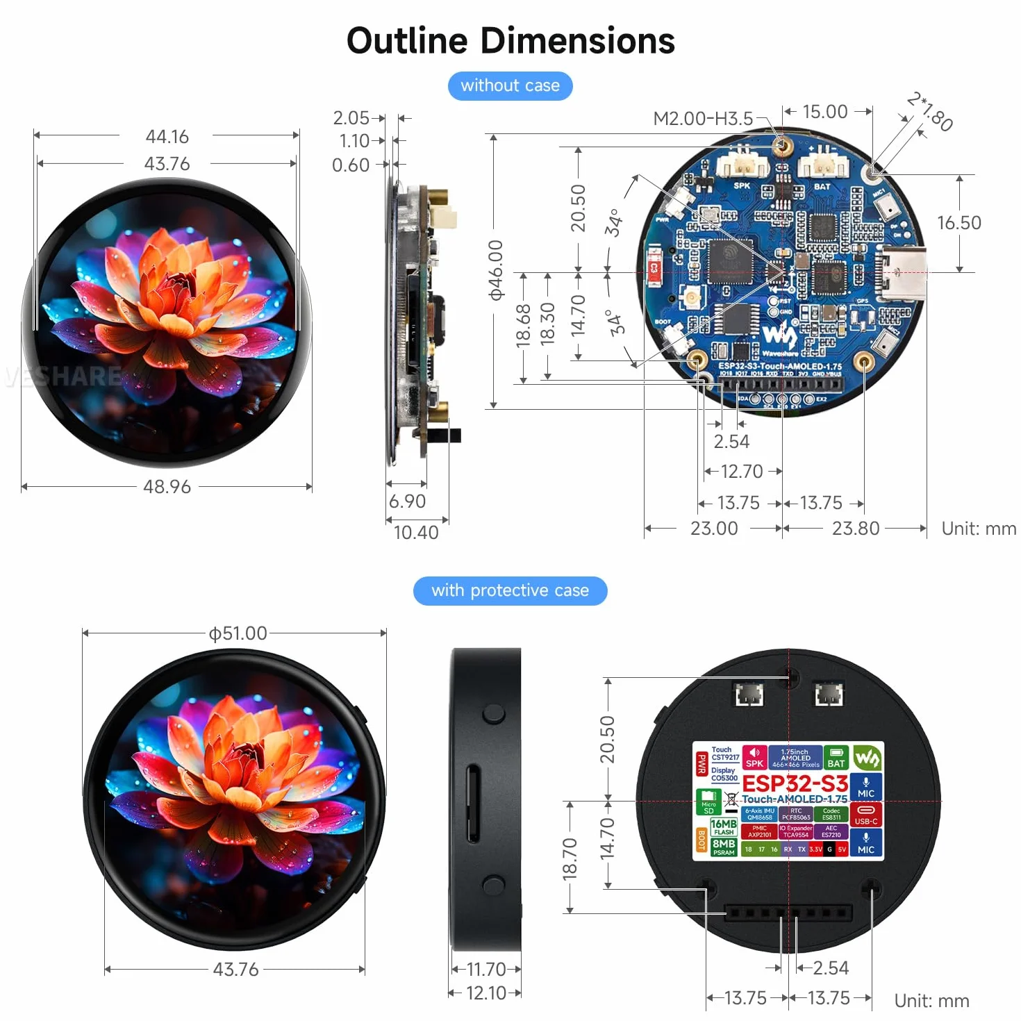Waveshare ESP32-S3 1.75inch AMOLED Round Touch Display Development Board GPS Version 32-Bit LX7 2-Core 466x466
