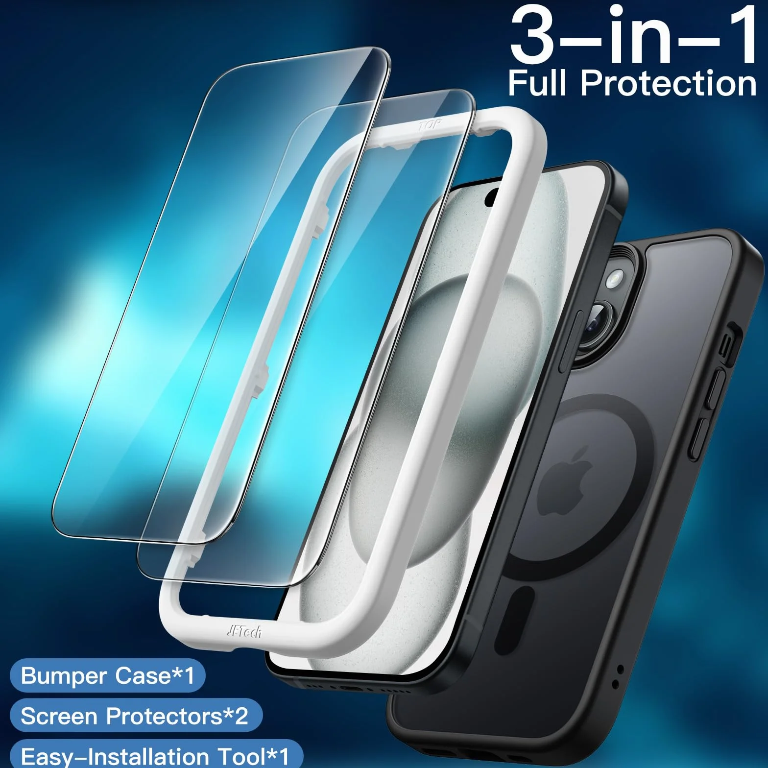 JETech Etui Magnetyczne 3 w 1 iPhone 15 6,1 Cala Szkło Hartowane MagSafe Czarny