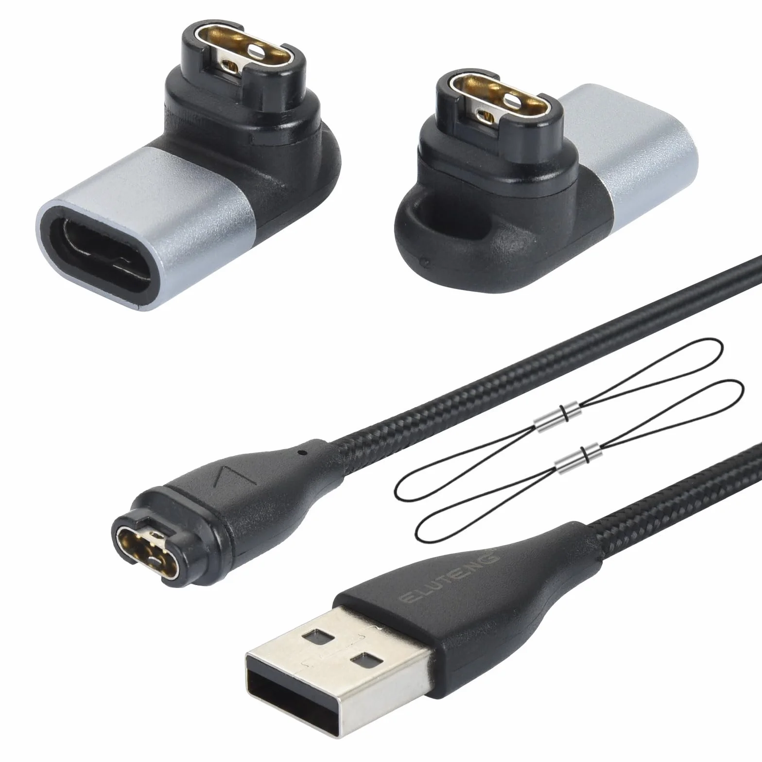 ELUTENG Ładowarka do Garmin z 2 adapterami USB C 90 stopni, kompatybilna z Garmin Fenix 8 E 7 7S 7X 6 6S 6X Pro 5 5S 5X Plus, Epix, Approach x10/S60/S62, Vivoactive, Vivomove, Venu, Forerunner