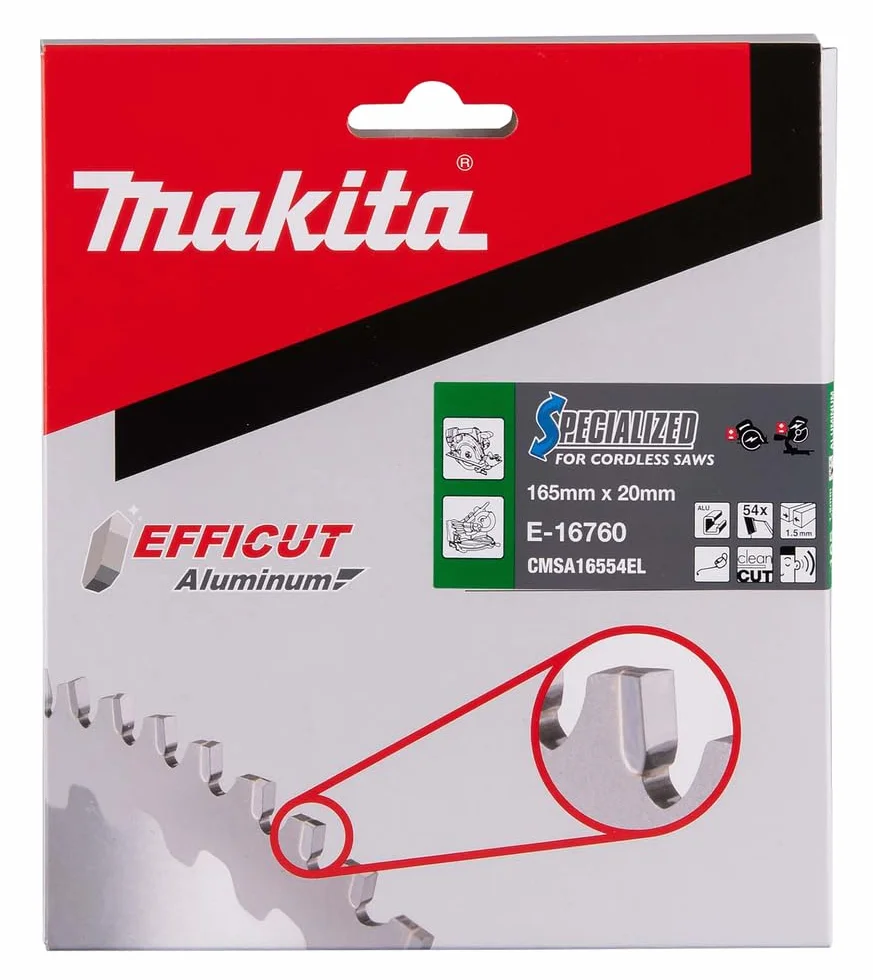 Makita E-16760 EFFICUT aluminiowy brzeszczot do piły tarczowej Ø 165 x 1,5 x 20 mm, 54 zęby, kąt 3°, do bardzo czystego i szybkiego cięcia aluminium, do akumulatorowych pił ręcznych i ukośnych