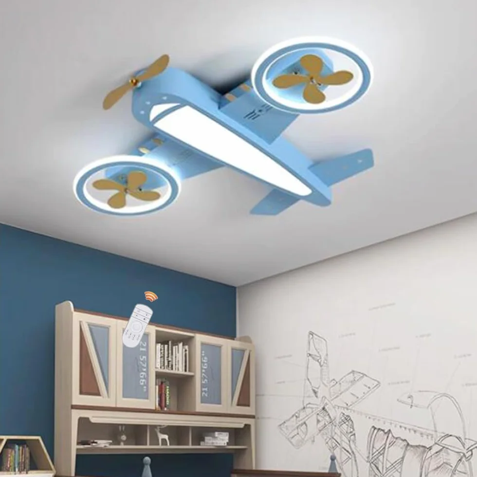 Lampa Sufitowa LED Kreatywna Lampa Sufitowa W Kształcie Samolotu Lampka Do Pokoju Dziecięcego Możliwość Ściemniania Za Pomocą Pilota Metal Akryl Żyrandol Do Sypialni Dziecięcy Salonu Jadalni,Niebieski