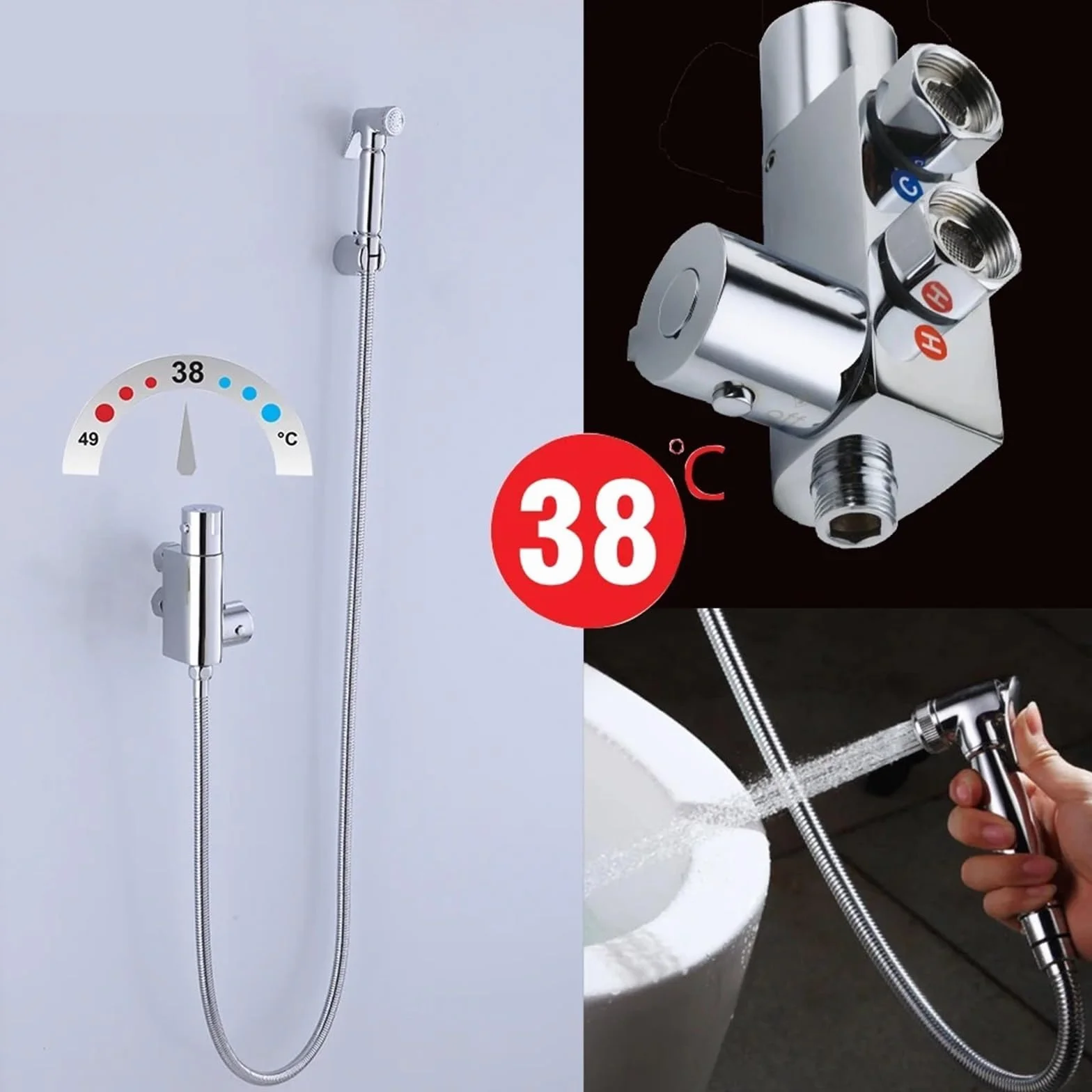 Termostatyczny naścienny łazienkowy prysznic bidet bateria toaletowa higieniczny żuraw kwadratowy mikser przenośny opryskiwacz (srebrny)