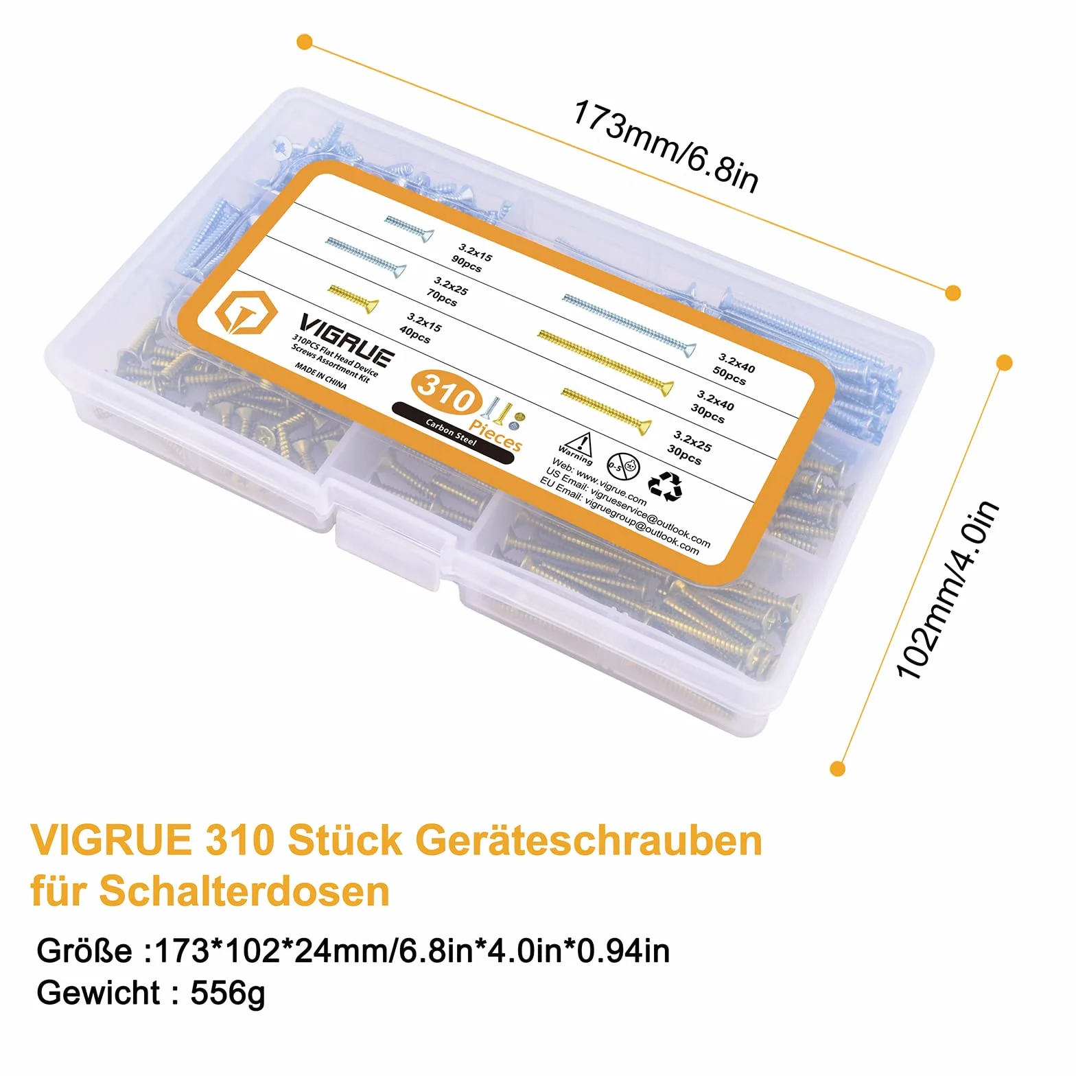VIGRUE 310 sztuk śrub do puszek przełączników, wkrętów do puszek 3,2 x 15 mm, 3,2 x 25 mm, 3,2 x 40 mm, śruby z łbem stożkowym z PZ1/wkrętami szczelinowymi i śrubami krzyżowymi w skrzynce