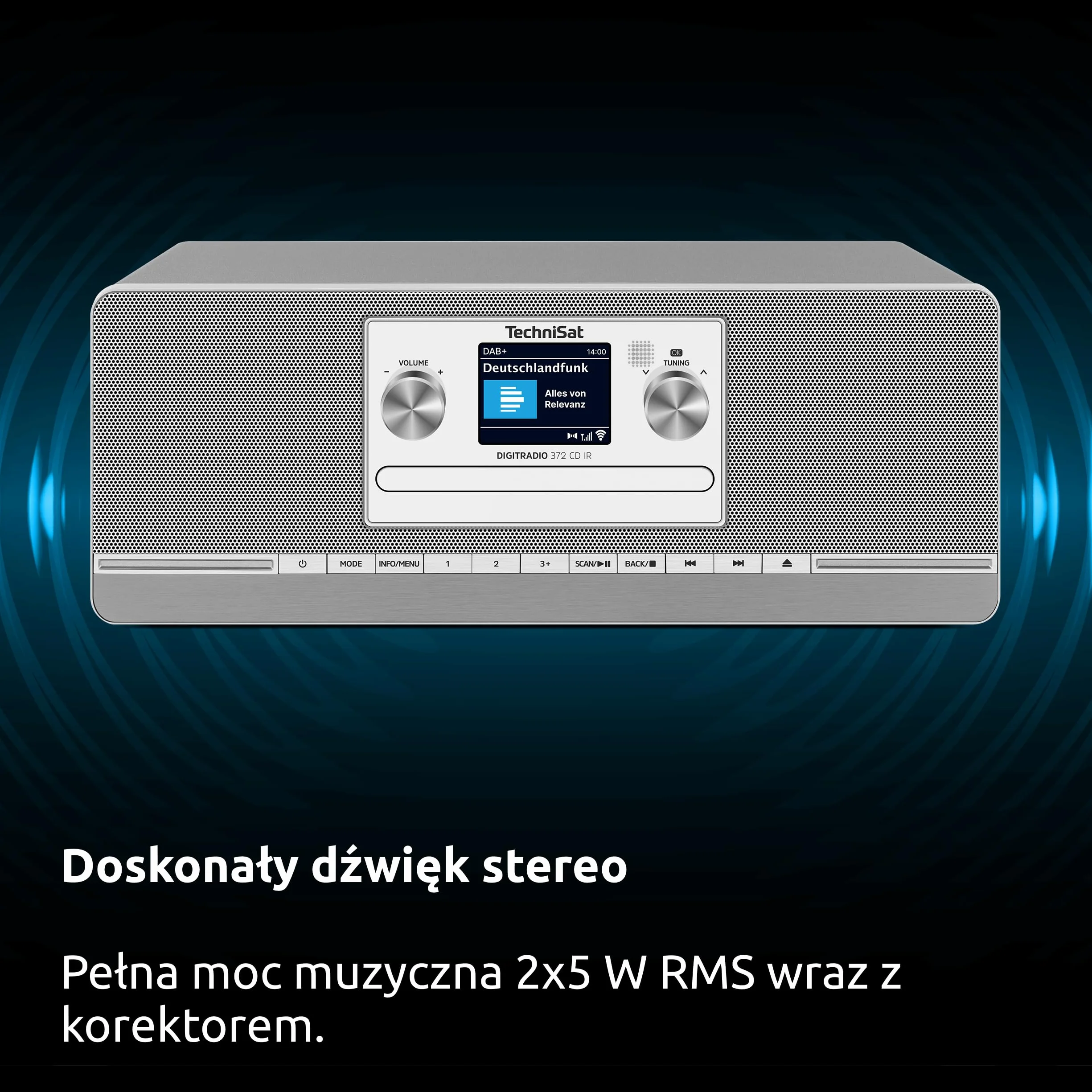 TechniSat DIGITRADIO 372 CD IR – stereofoniczne radio internetowe z DAB+, FM, odtwarzaczem CD, Wi-Fi, Bluetooth, kolorowym wyświetlaczem, USB, AUX, wyjściem słuchawkowym, 10 W, aplikacją, pilotem