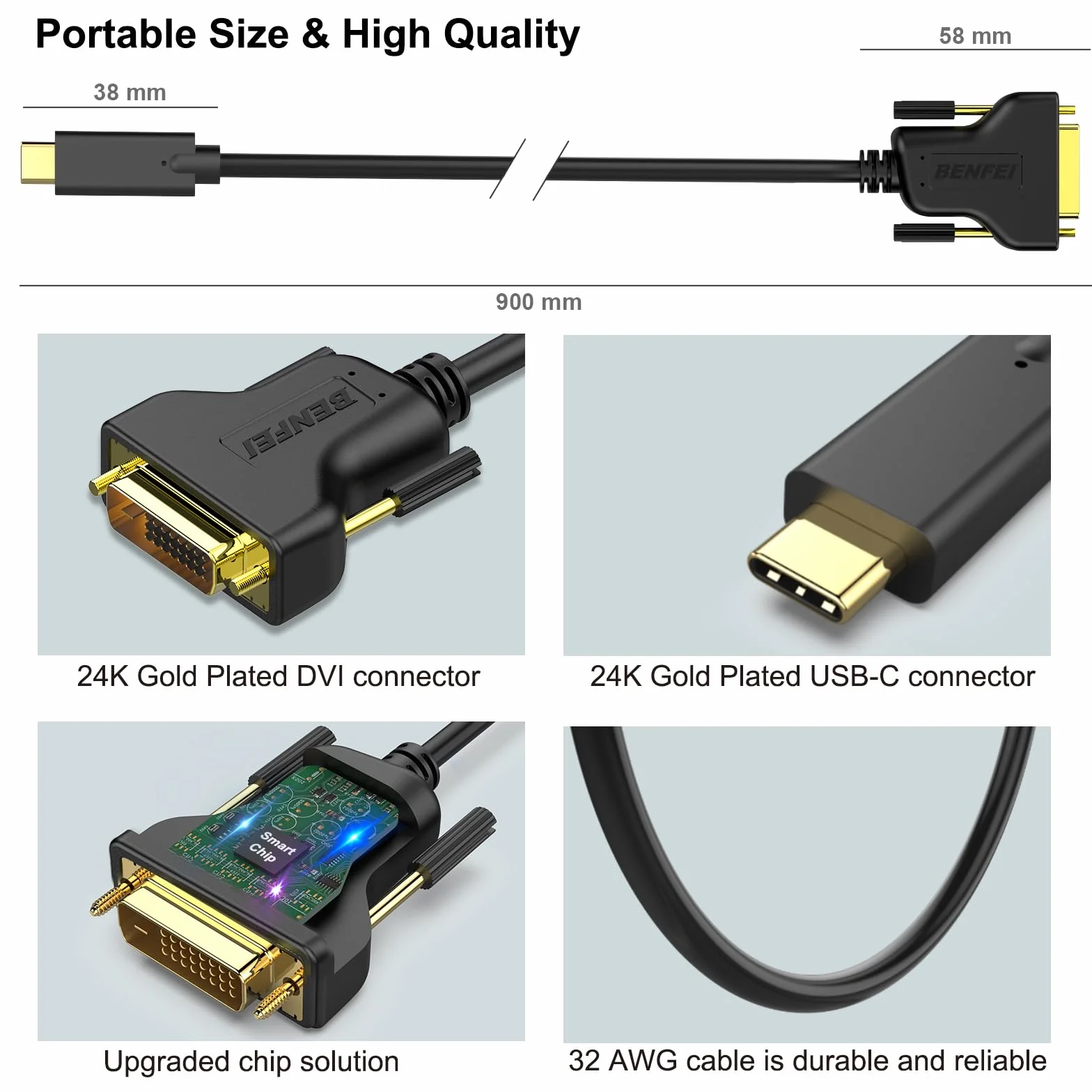 BENFEI Kabel USB C na DVI 0,9 m Thunderbolt 3 kompatybilny MacBook Pro Samsung Galaxy Surface Book Dell XPS Pixelbook