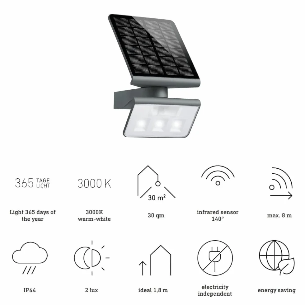 Steinel LED lampa solarna XSolar L-S ONE antracyt, kinkiet, czujnik ruchu, lampka nocna, solarna lampka ogrodowa, akumulator 2500 mAh