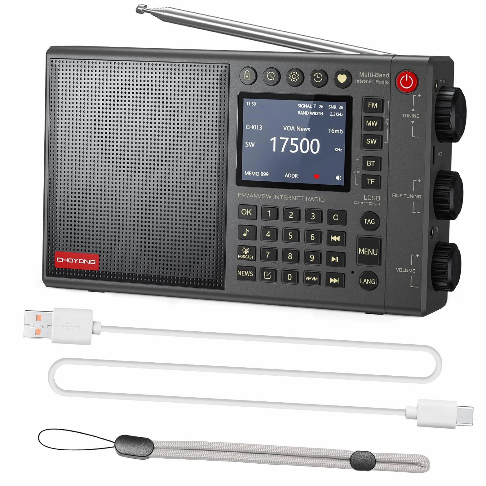 CHOYONG LC90 Radio internetowe Wi-Fi / 4G, przenośne, FM/LW/MW/SW, z akumulatorem 5000 mAh, 40 tys. stacji radiowe, głośnik BT, budzik, głośniki stereo 15 W, obsługa karty TF