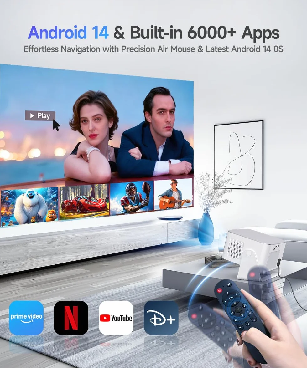 Alwtniet Mini projektor 4K 8K, obsługa Full HD 1080p, Smart Projector z systemem Android 14, WiFi 6 Bluetooth 5.4, autofokus, automatyczne ustawianie ostrości, 180°, małe kino domowe, ultrakrótki