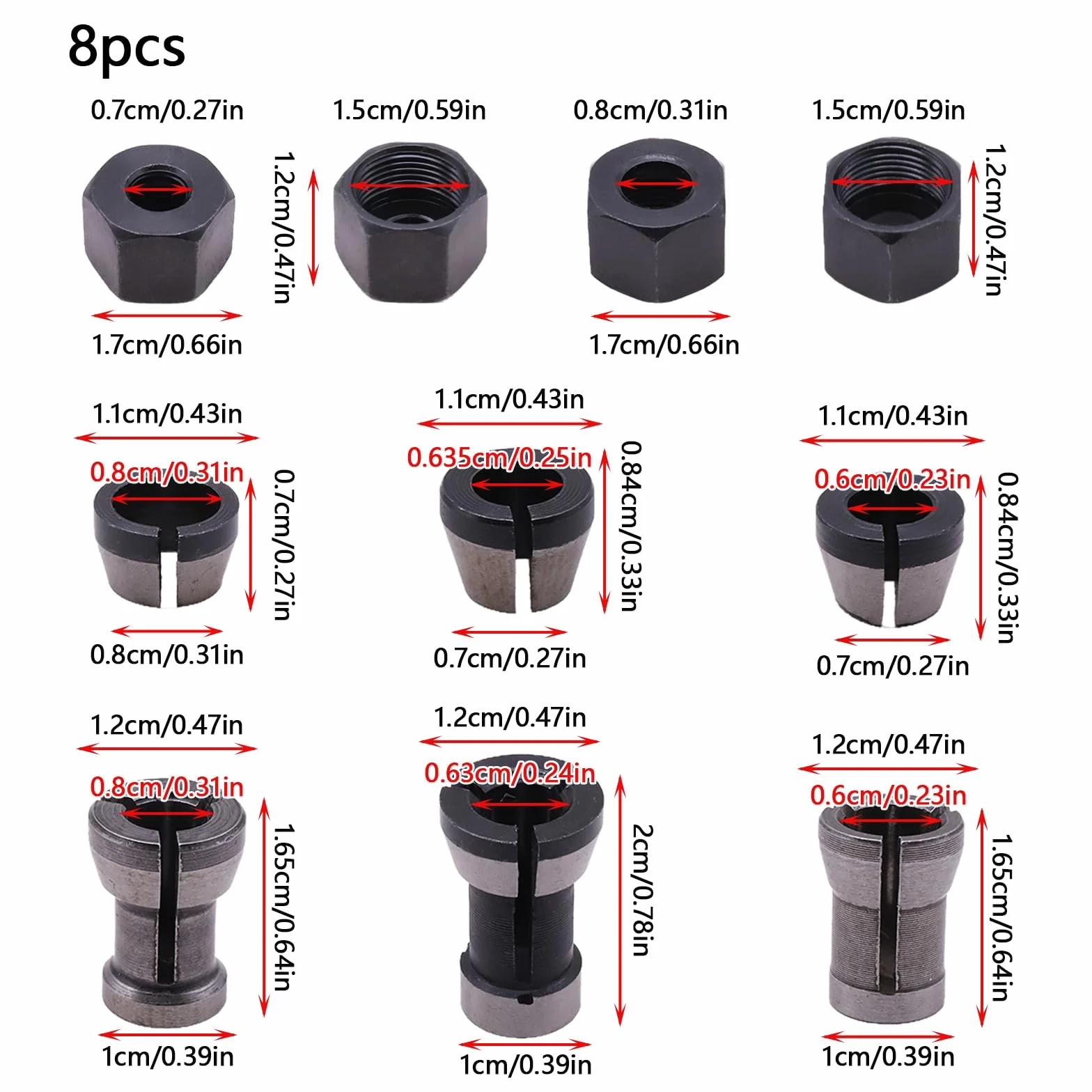 8 szt. zacisków do frezarki i maszyny do grawerowania, 6 adapterów zaciskowych (6 mm, 6,35 mm, 8 mm) i 2 nakrętki ze stali węglowej o wysokiej precyzji do drewna