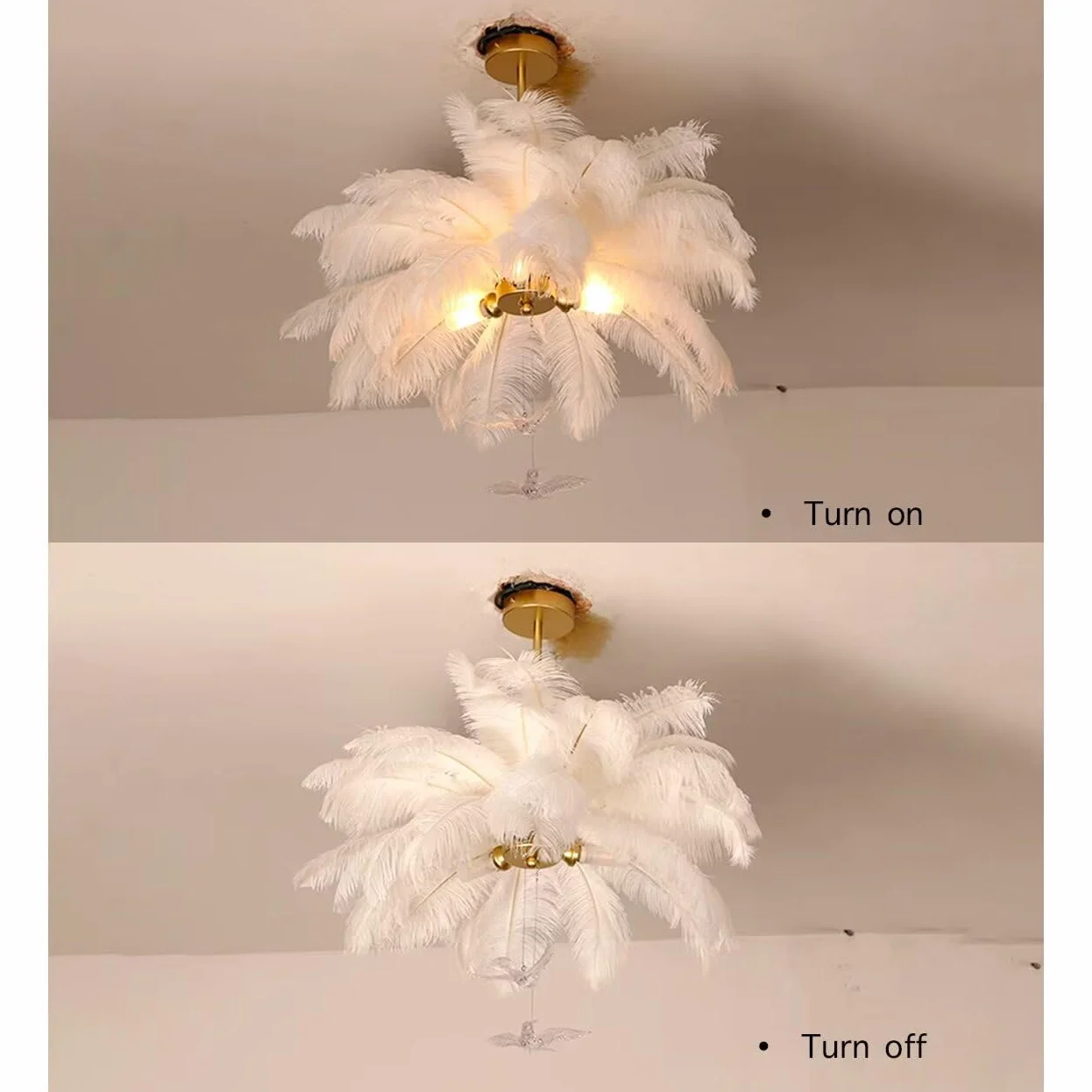 GUANSHANfeder Straußenfeder-Pendelleuchte und Deckenleuchte mit Kronleuchter und Lampa für Schlafzimmer, Wohnzimmer