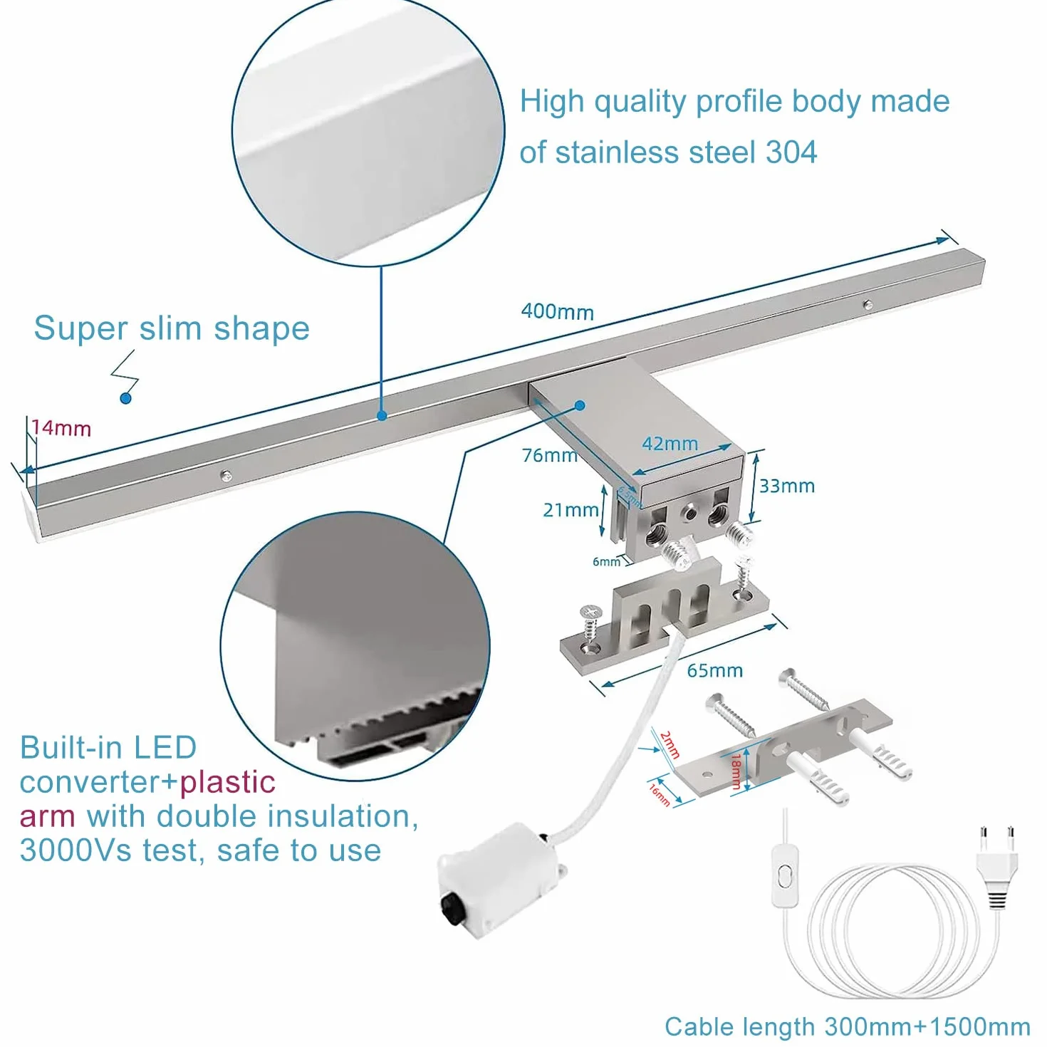 lampa do lustro, 8W 800lm 40cm, oświetlenie szafki z lustrem 230V IP44, biel naturalna 4000K CRI>80