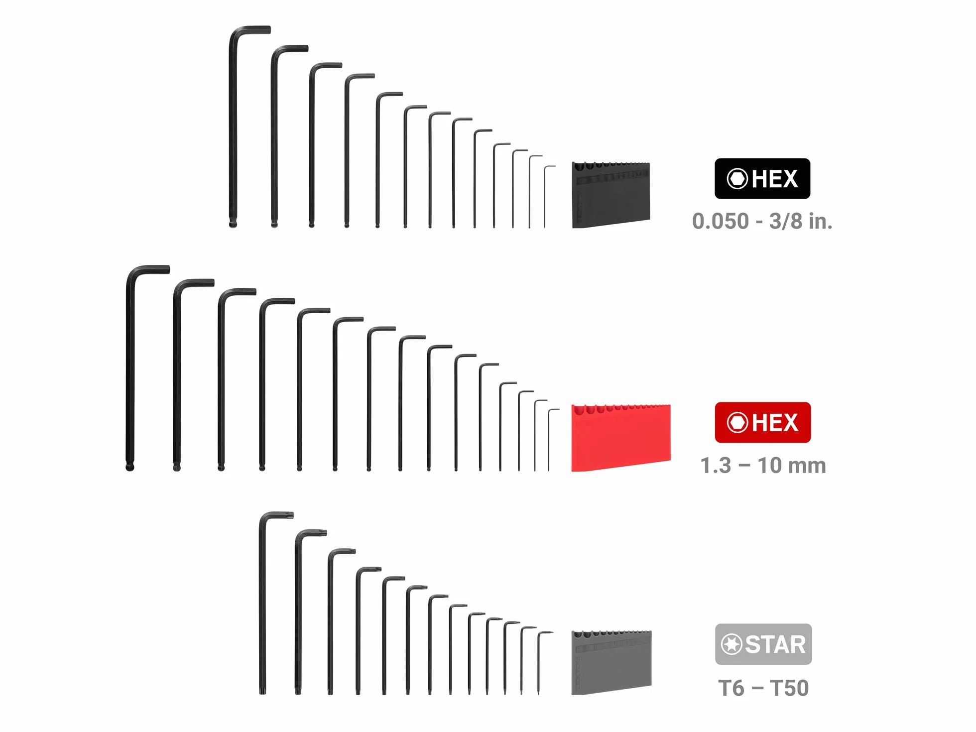 TEKTON Zestaw kluczy imbusowych i gwiazdek z uchwytami, 41-częściowy (0,050-3/20.3 cm, 1.3-10 mm, T6-T50) | KEY91002