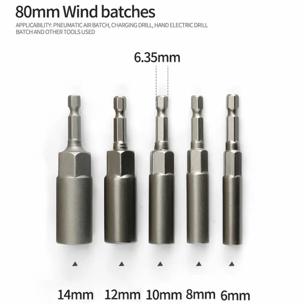 5pc Hex Sockets Kit 6mm/8mm/10mm/12mm/14mm Magnetic Socket Adapter Impact Nut Bolt Drill Bit Set For Pneumatic Screwdriver