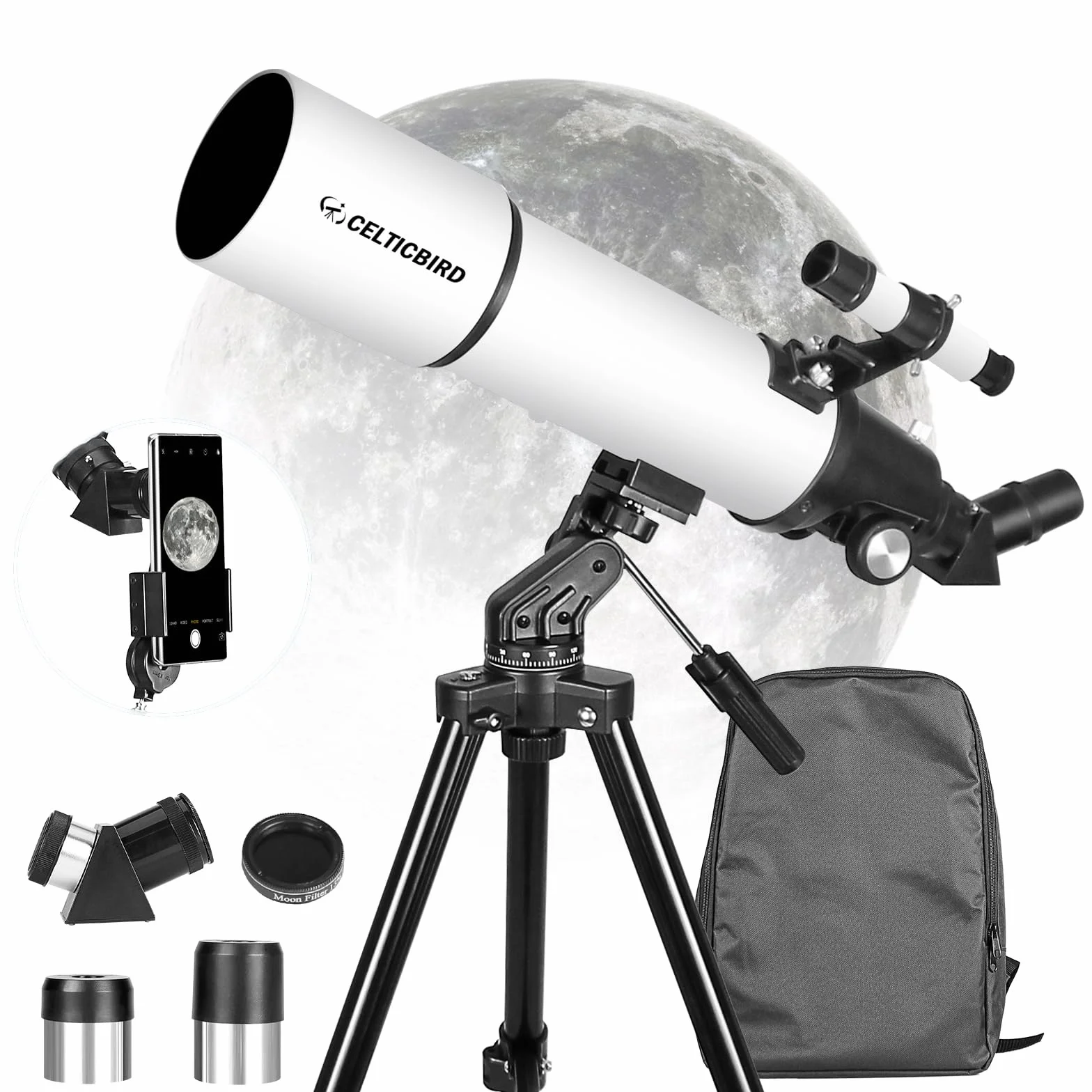Celticbird Teleskop astronomiczny teleskop refrakcji dla dorosłych i początkujących - AZ Mount z plecakiem, filtr księżycowy 80560