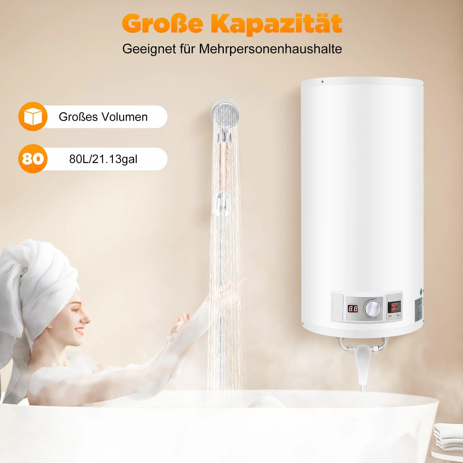 Elektryczny zbiornik ciepłej wody, bojler, 50 litrów, 2000 W, wiszący bojler z zestawem prysznicowym, stała temperatura 25-75°, bojler ciepłej wody z zabezpieczeniem przed przegrzaniem, cyfrowy