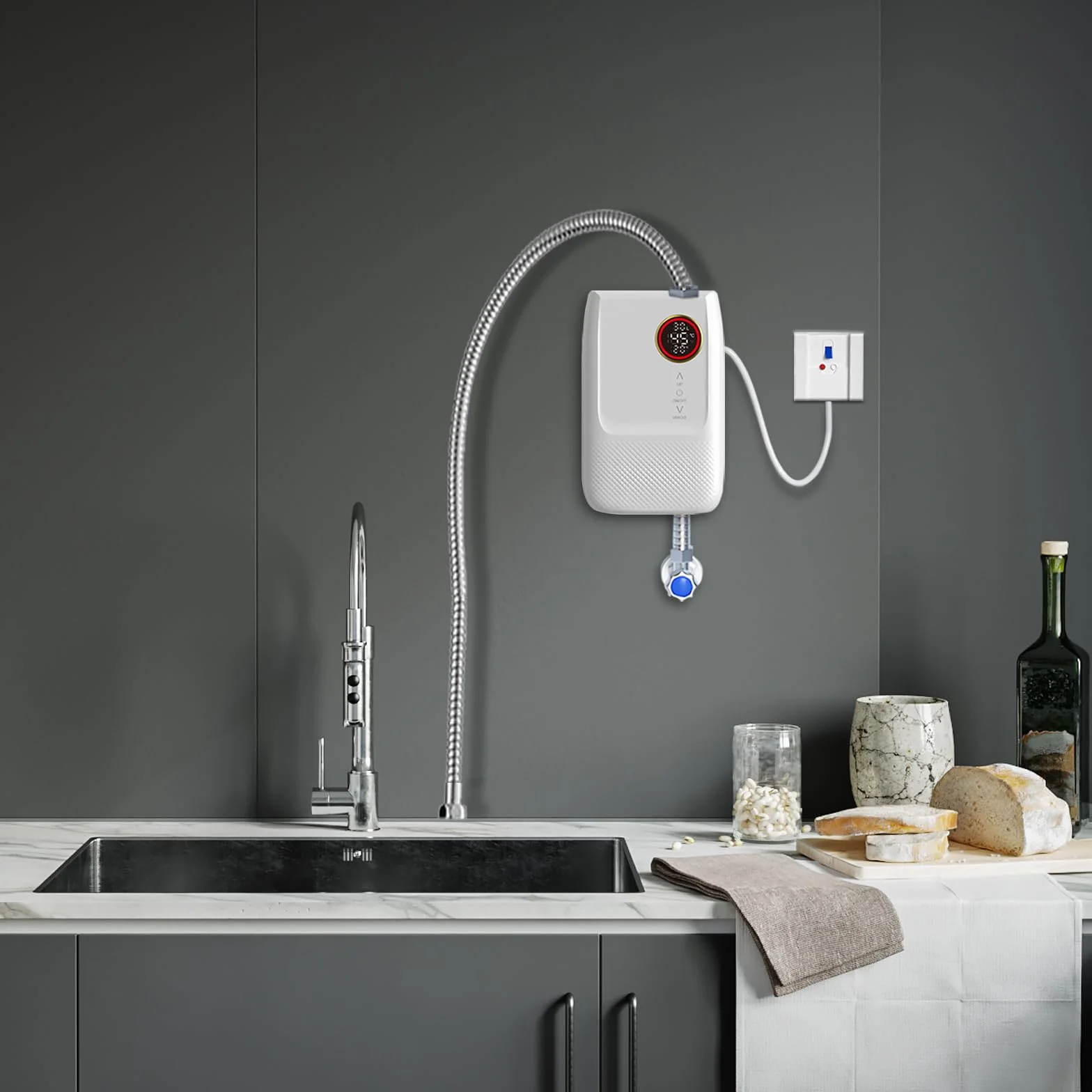 Zbiornik ciepłej wody, bojler 5500 W, 1-5 l/min, podgrzewacz wody, mały pojemnik, elektryczny odporny na ciśnienie podstawki, 30 ~ 55℃, regulowany podgrzewacz przepływowy 13,5 x 6,8 x 19,5