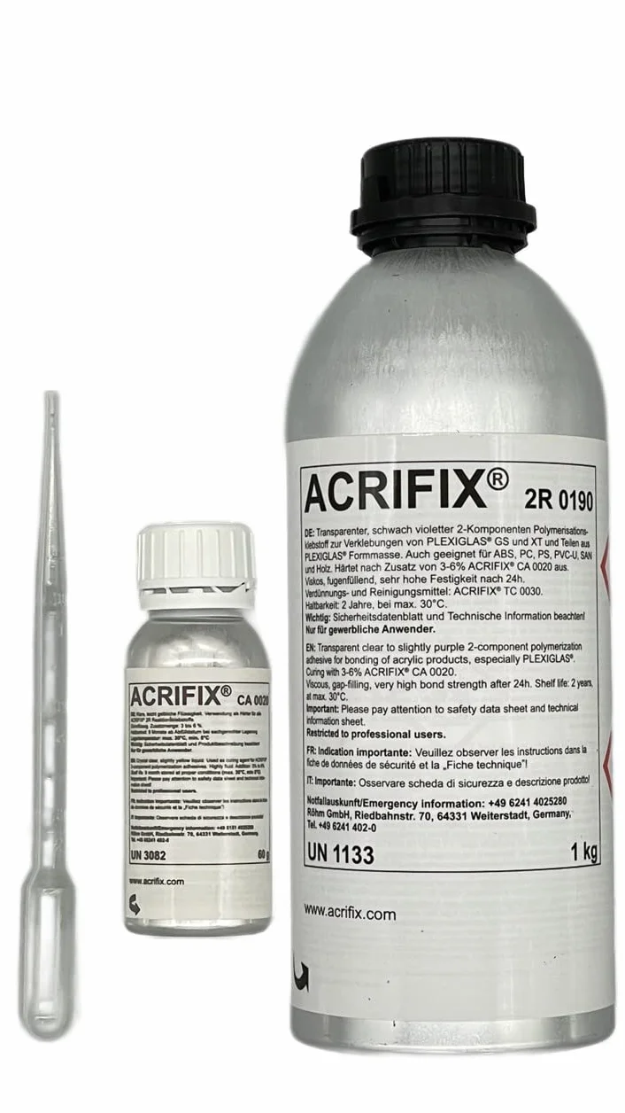 ACRIFIX® 2R0190 Klej do Szkła Akrylowego CA0020 Utwardzacz Katalizator PMMA Bezbarwny
